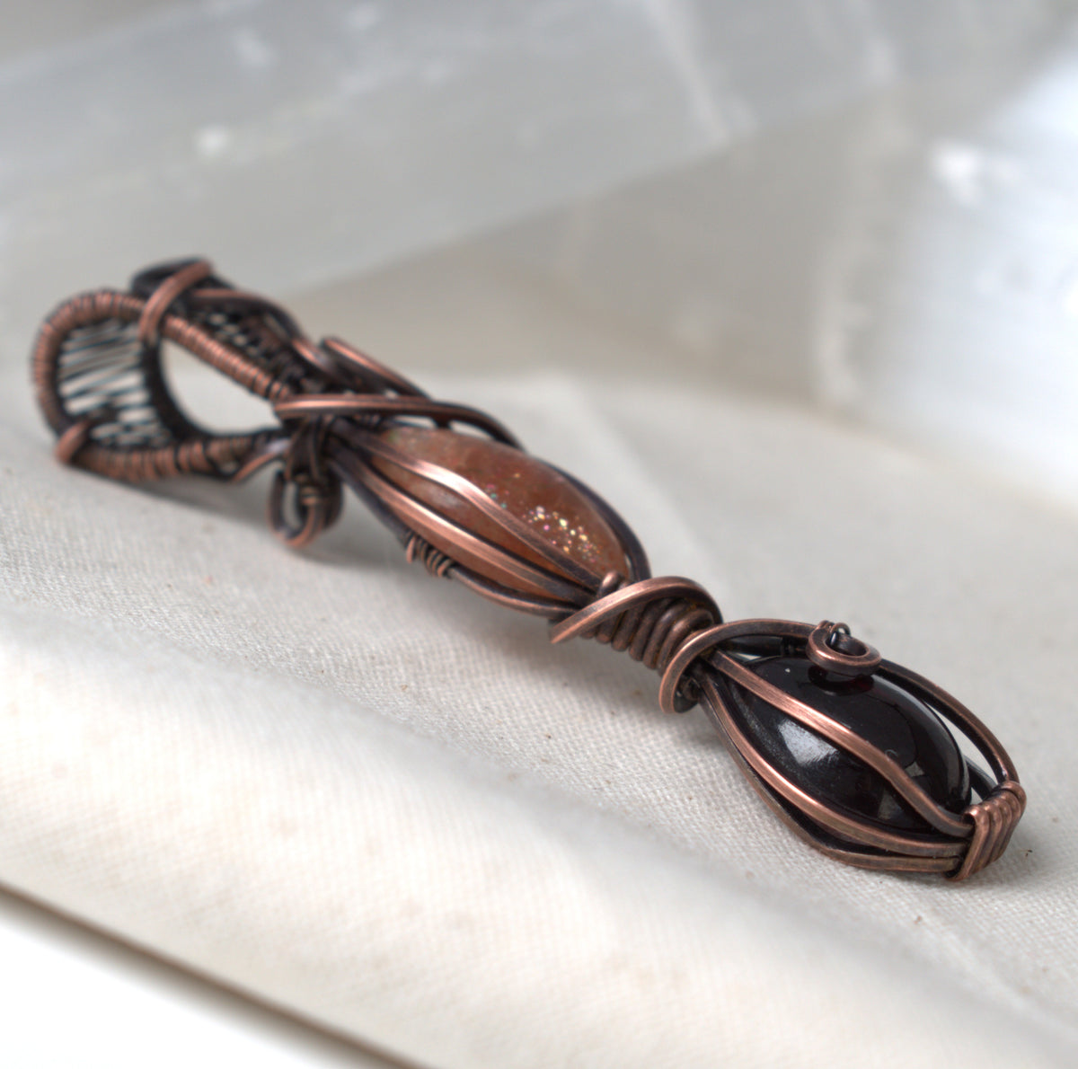 Autumn Flame Garnet and Sunstone Copper Wrapped Pendant