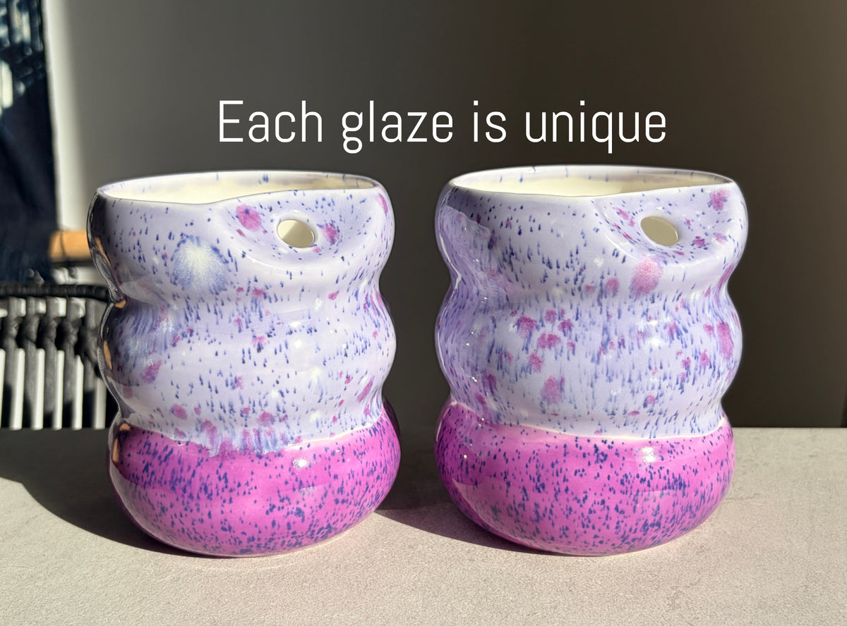 Handcrafted Porcelain Tumbler with Silicon Straw, 600mL Bubble Cup in Blueberry Smoothie Glaze