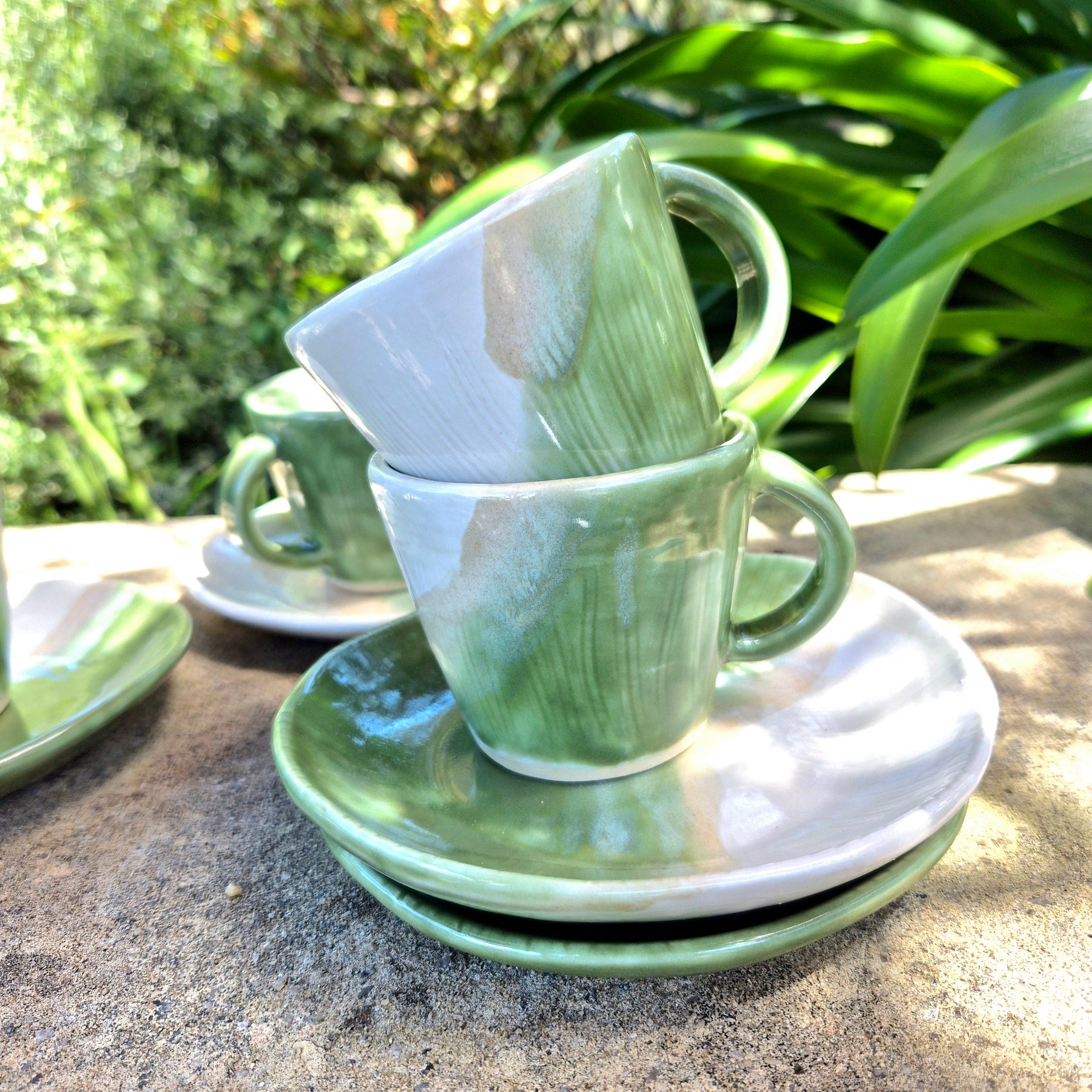 Handmade Ceramic Cup and Side Plate - Sage Green and White