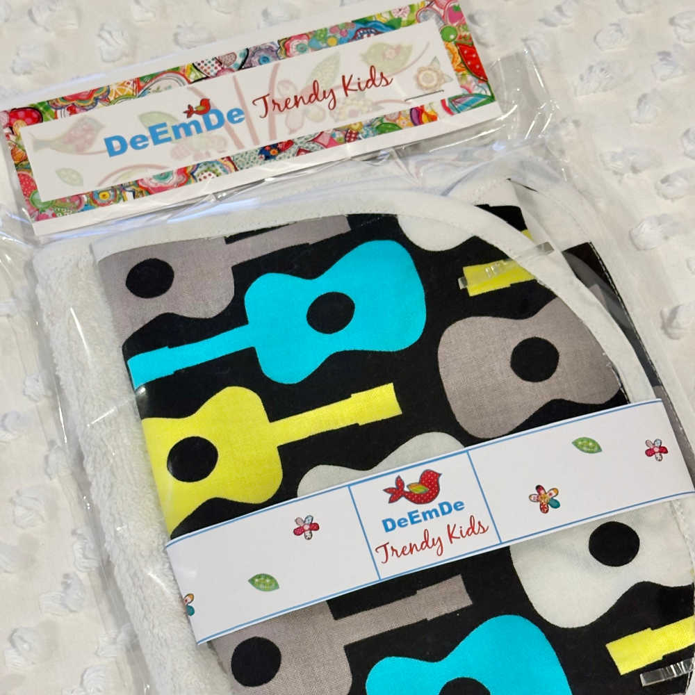 Handmade Larger Burp Cloth, Baby Bib Set | Guitar Print