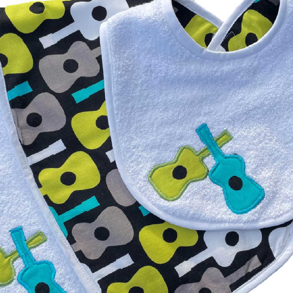 Handmade Larger Burp Cloth, Baby Bib Set | Guitar Print