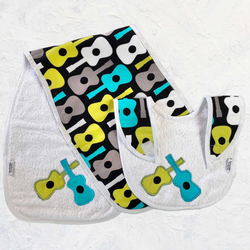 Handmade Larger Burp Cloth, Baby Bib Set | Guitar Print
