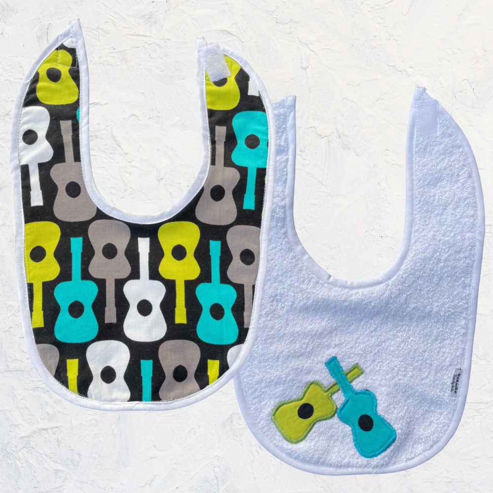 Handmade Larger Burp Cloth, Baby Bib Set | Guitar Print