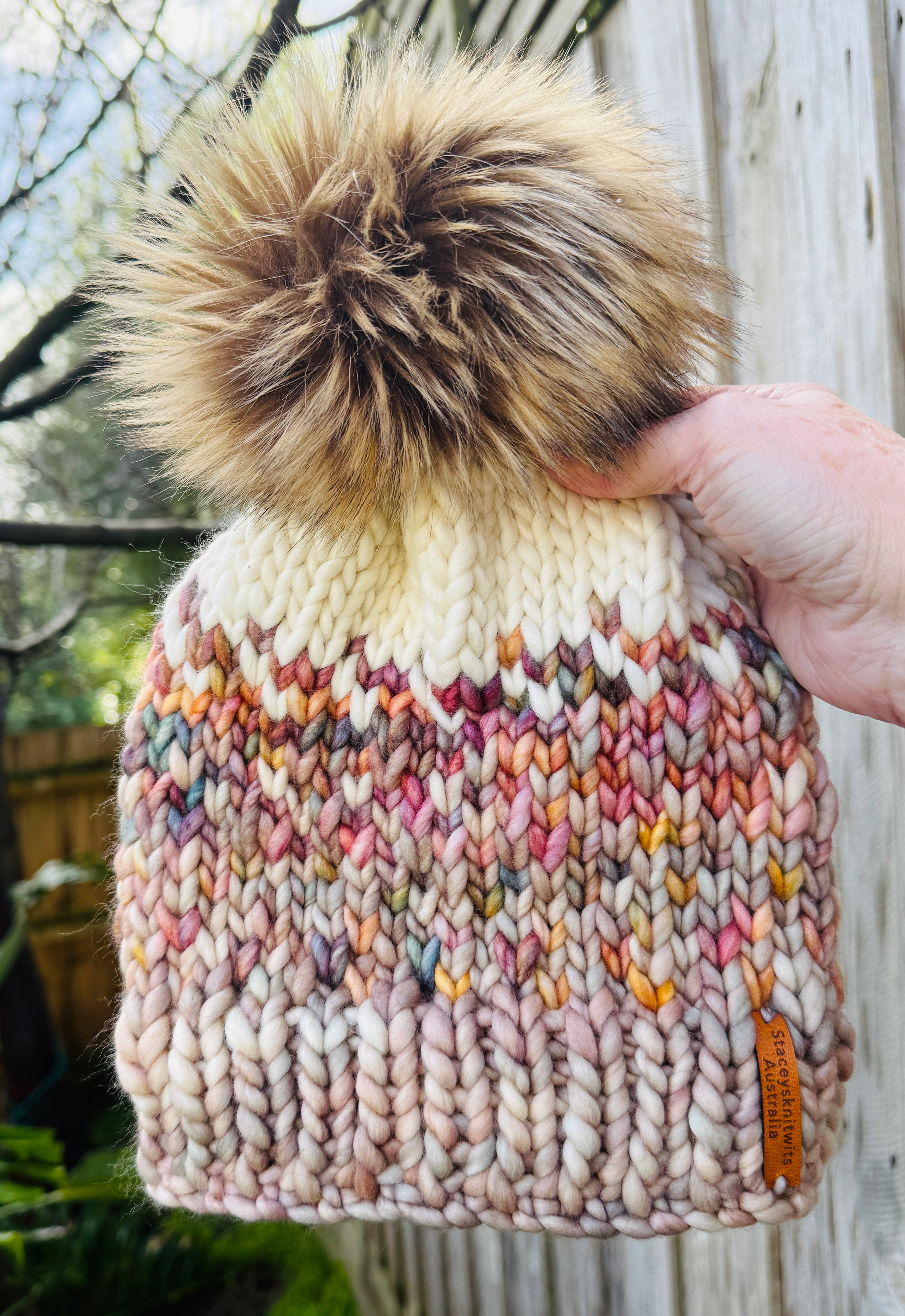 Hand Knitted Merino Wool Beanie with Removable Faux Fur PomPom | Handmade Winter Hat