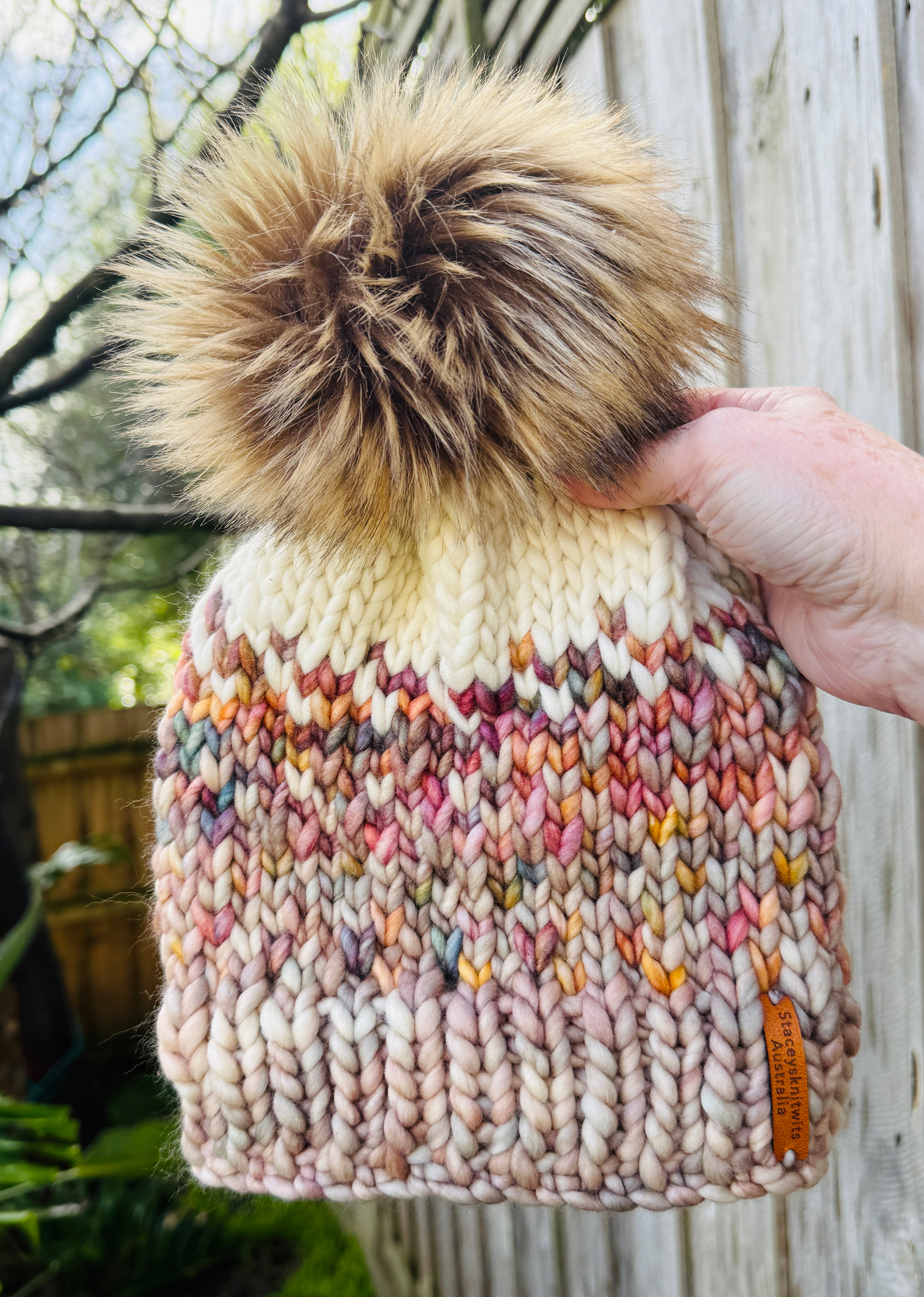 Hand Knitted Merino Wool Beanie with Removable Faux Fur PomPom | Handmade Winter Hat