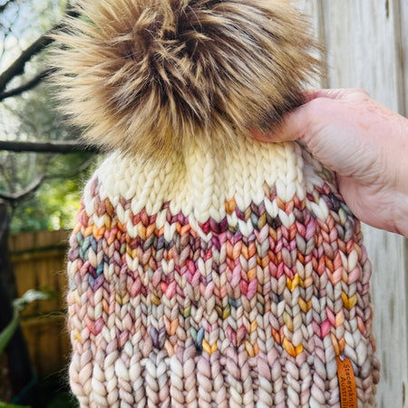 Hand Knitted Merino Wool Beanie with Removable Faux Fur PomPom | Handmade Winter Hat
