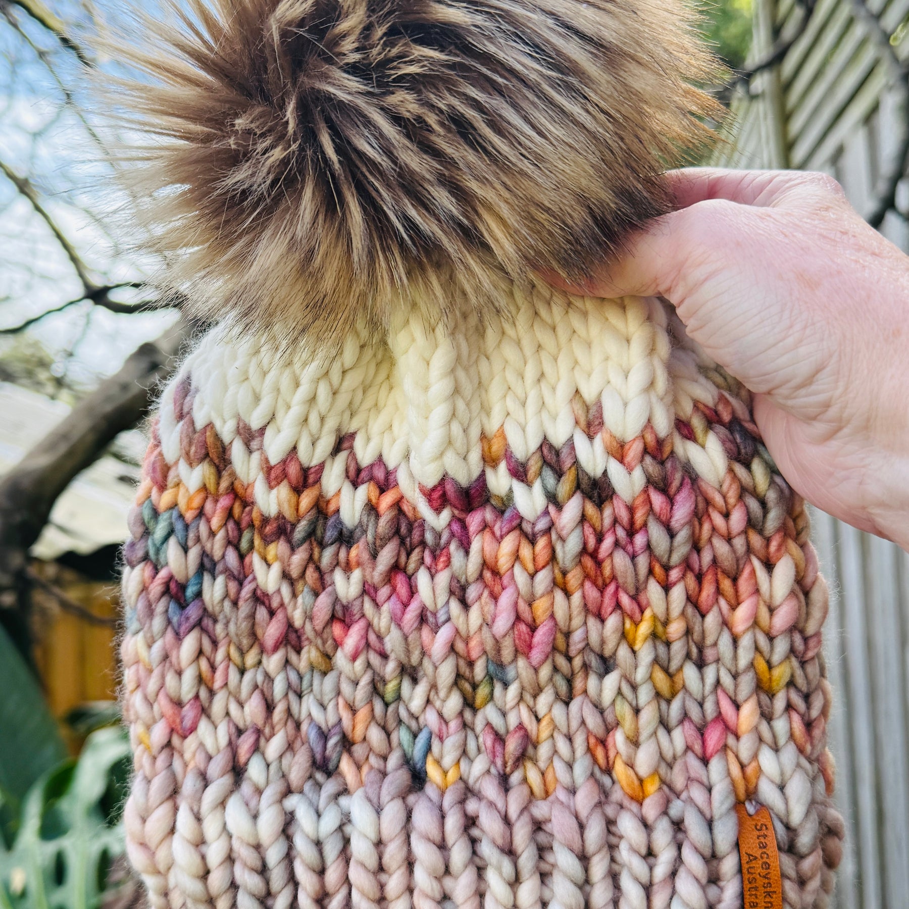 Hand Knitted Merino Wool Beanie with Removable Faux Fur PomPom | Handmade Winter Hat