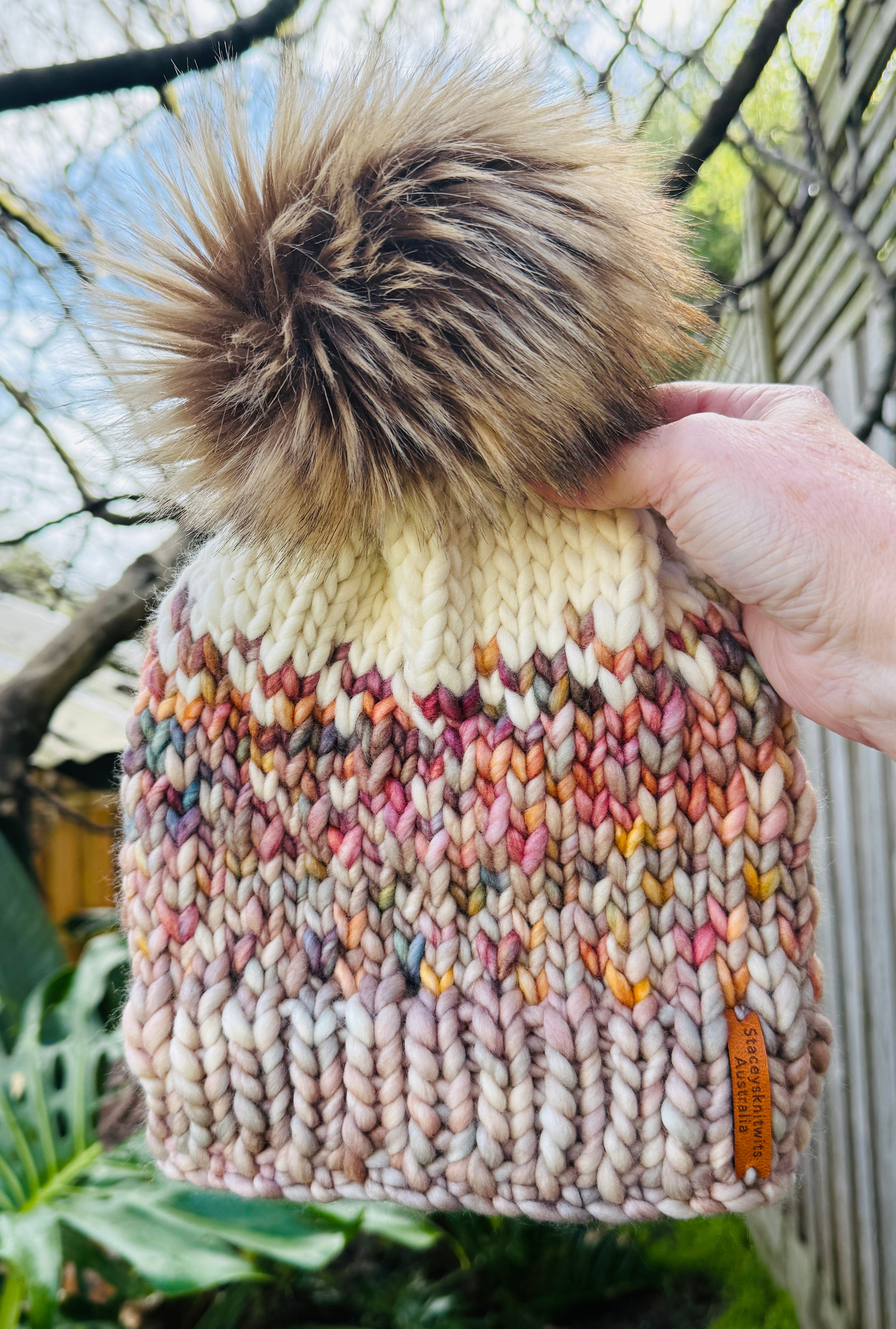 Hand Knitted Merino Wool Beanie with Removable Faux Fur PomPom | Handmade Winter Hat