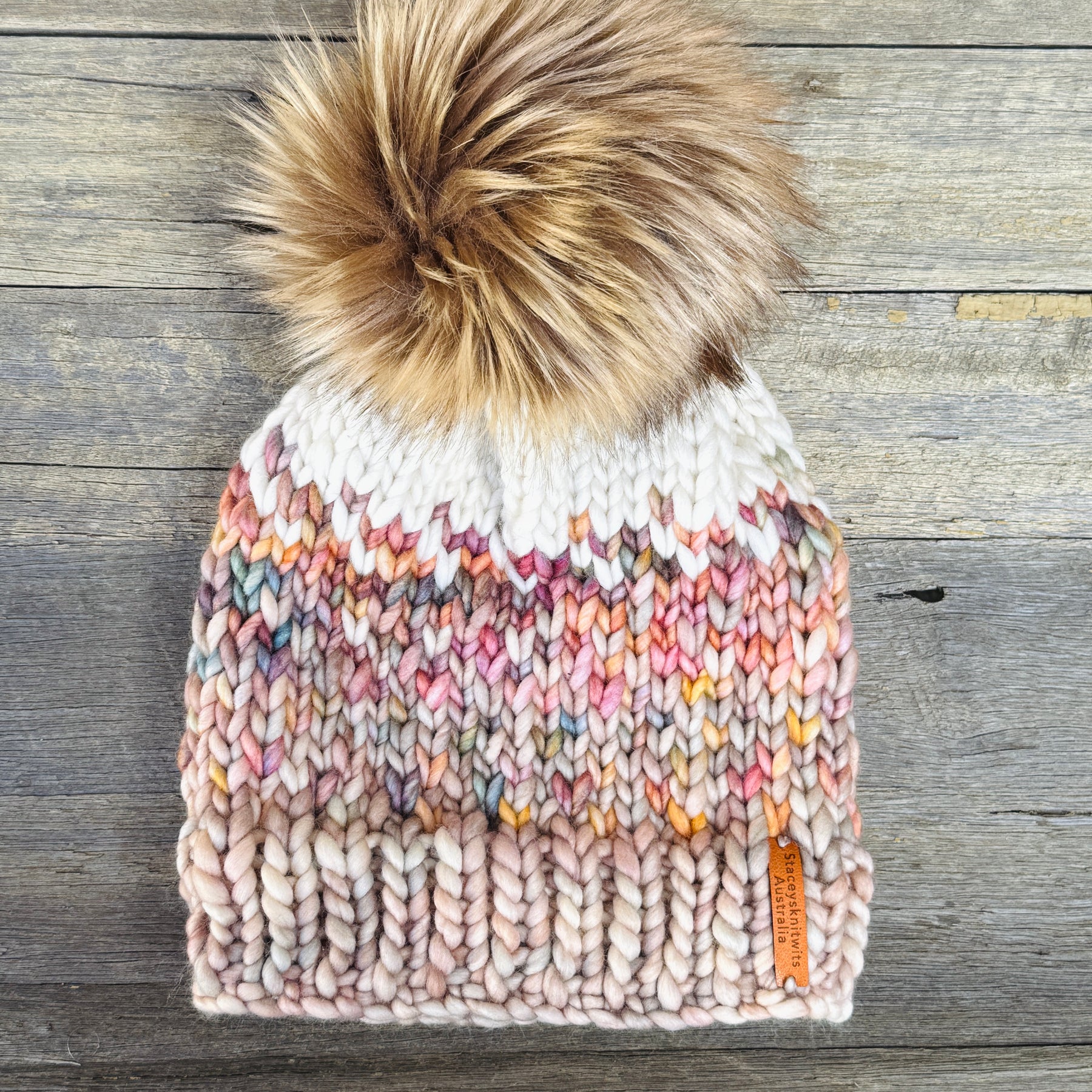 Hand Knitted Merino Wool Beanie with Removable Faux Fur PomPom | Handmade Winter Hat