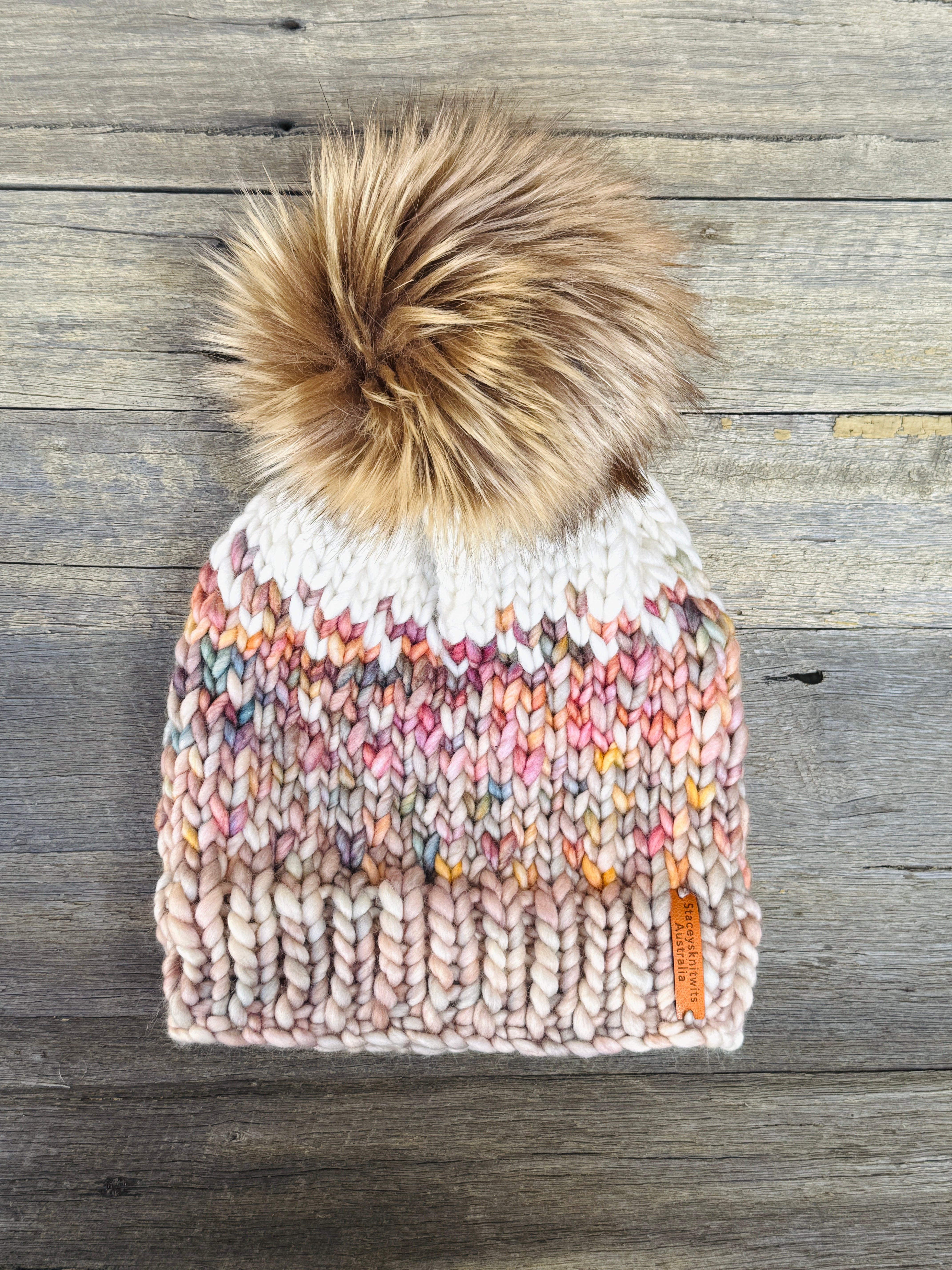 Hand Knitted Merino Wool Beanie with Removable Faux Fur PomPom | Handmade Winter Hat