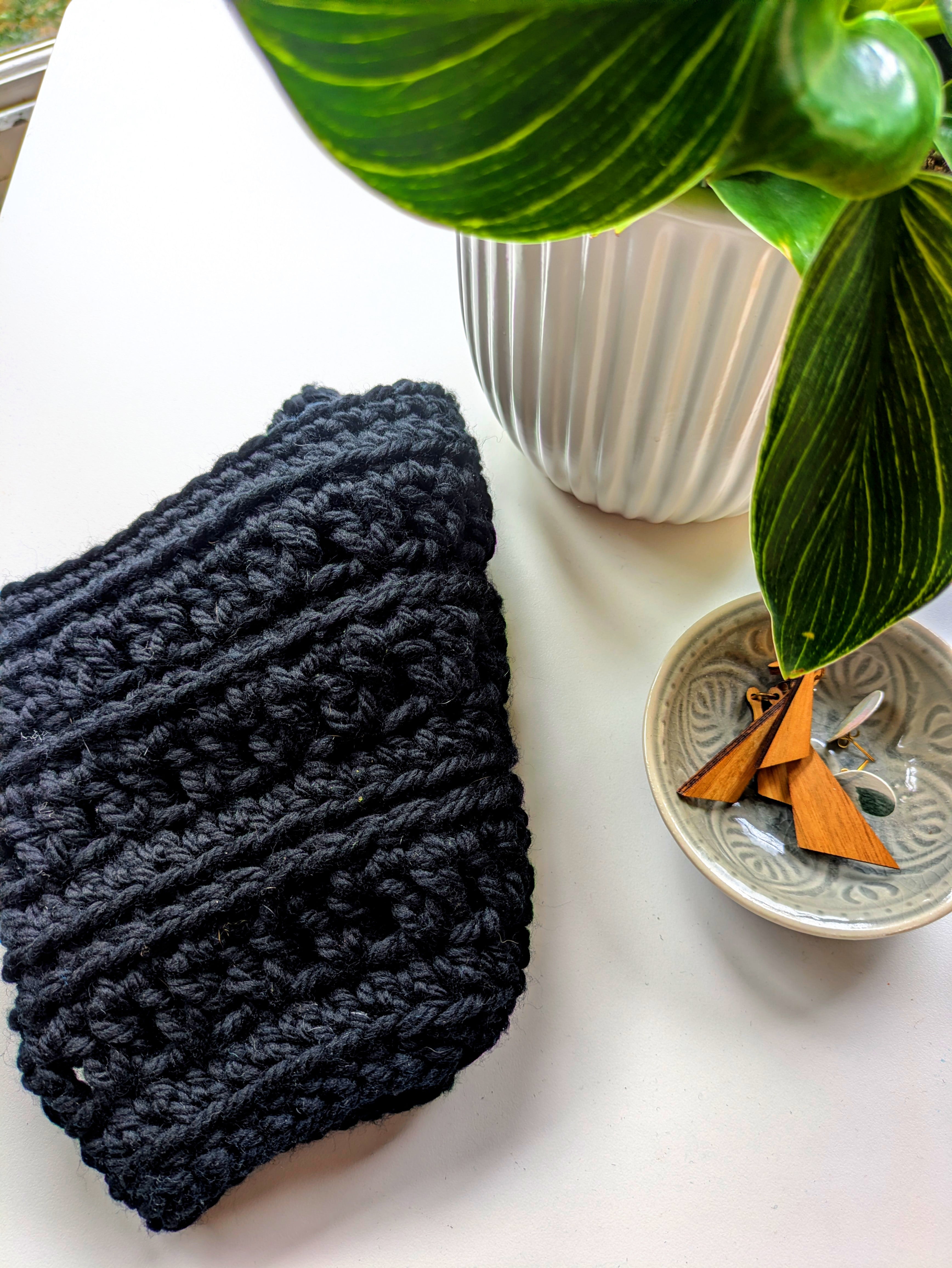 Handmade Cozy Crochet Cowl Neck Warmer in Classic Black Liquorice Merino Yarn