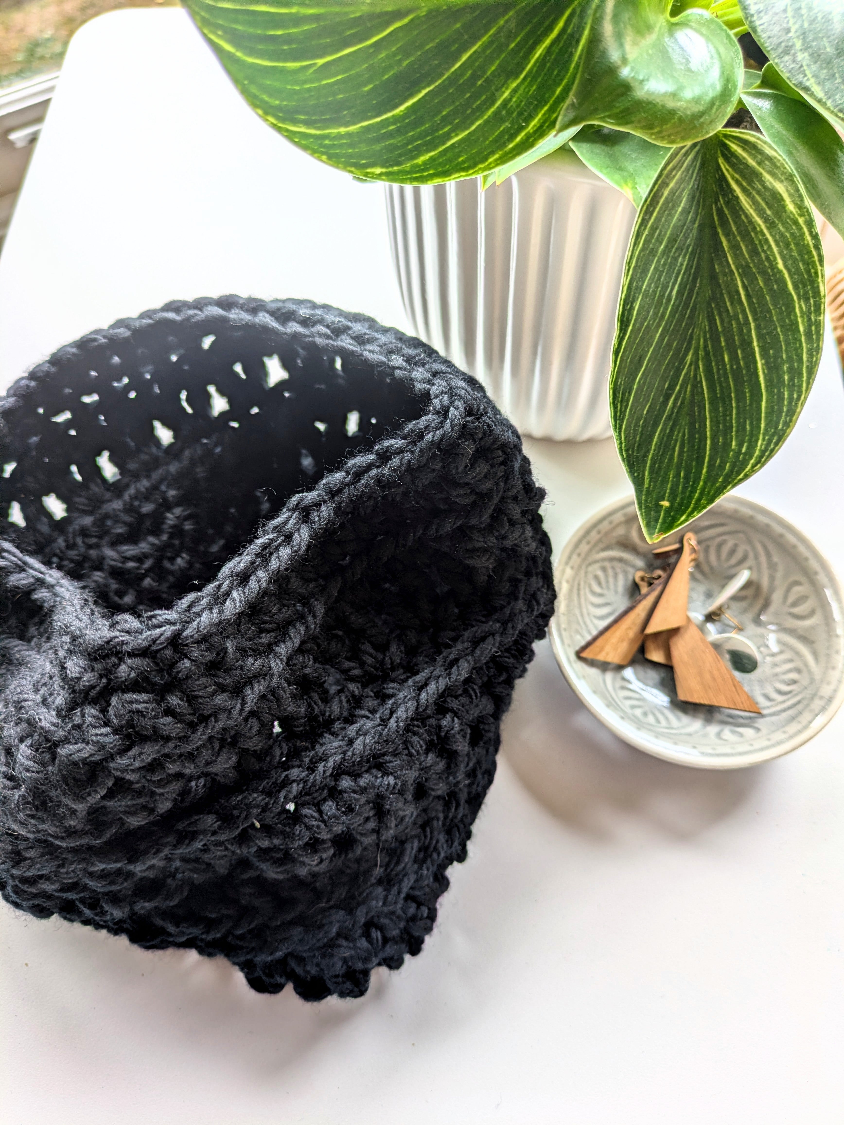 Handmade Cozy Crochet Cowl Neck Warmer in Classic Black Liquorice Merino Yarn