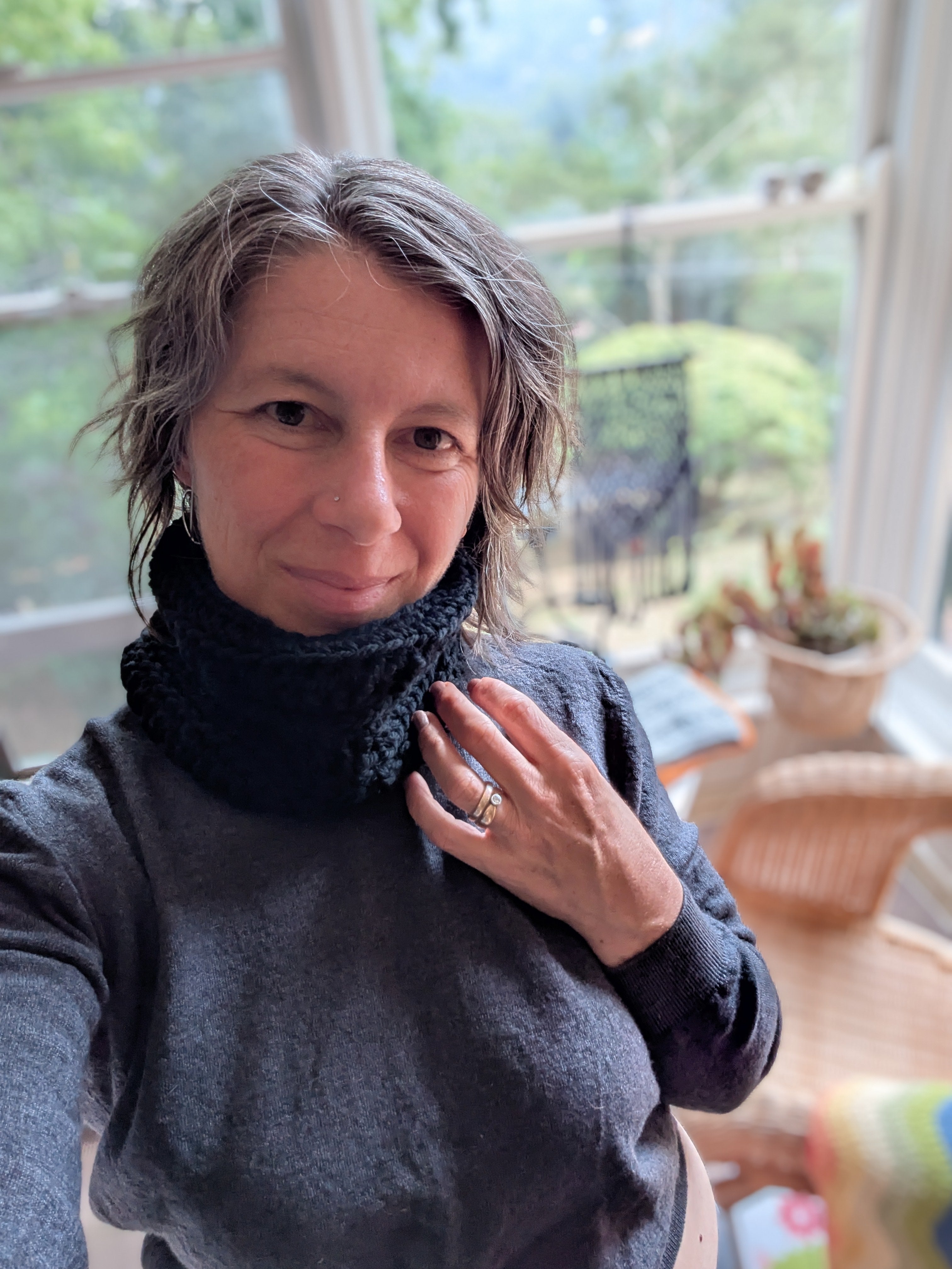 Handmade Cozy Crochet Cowl Neck Warmer in Classic Black Liquorice Merino Yarn