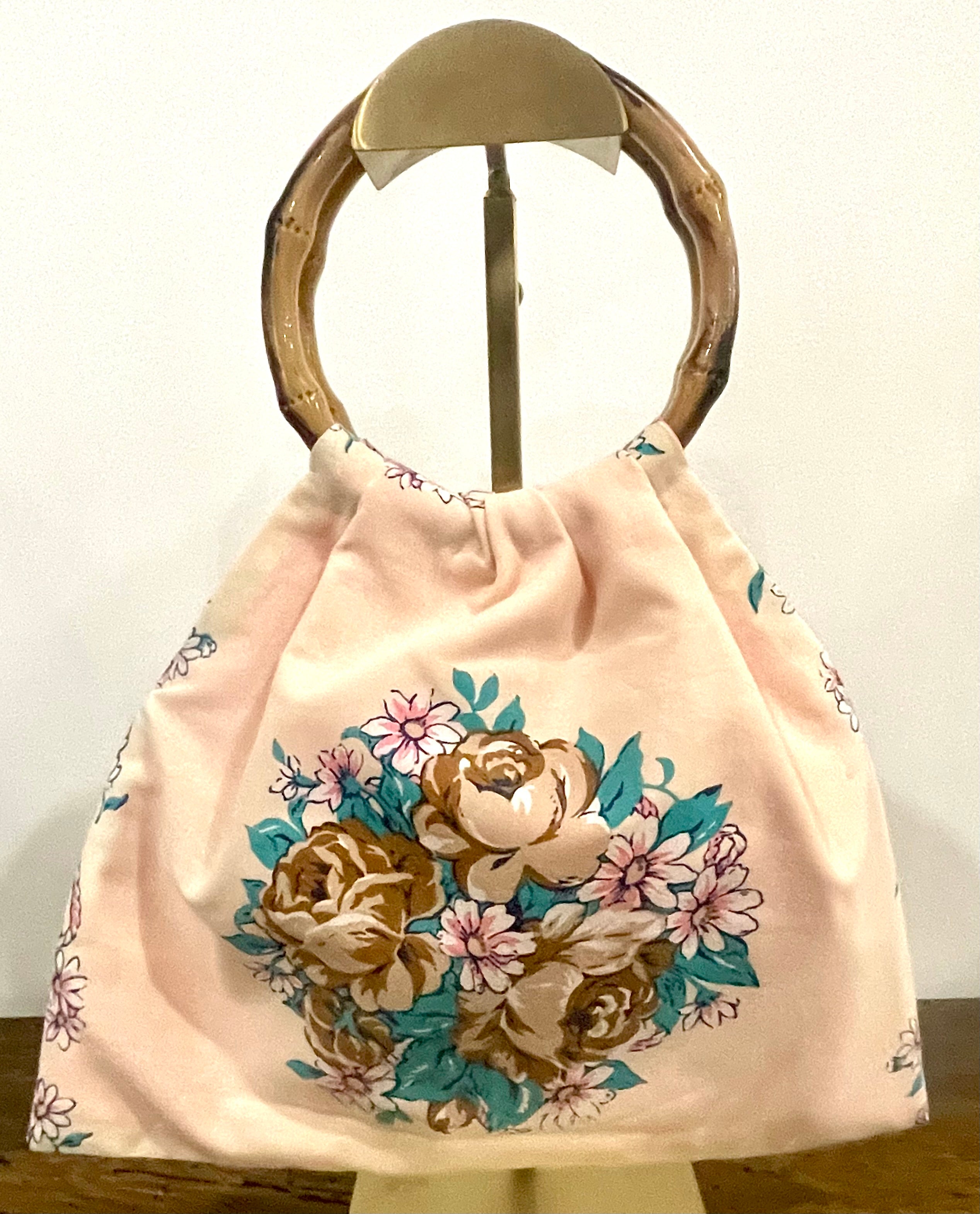 Mini Granny Bag, Cream Floral, Pink Interior, Handmade