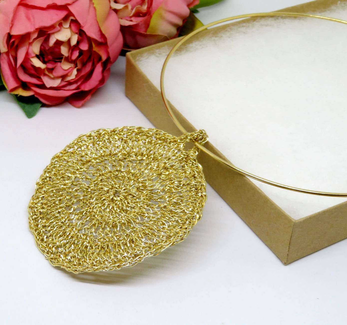Bespoke Handmade Gold Shimmer Crochet Pendant Round Choker Necklace