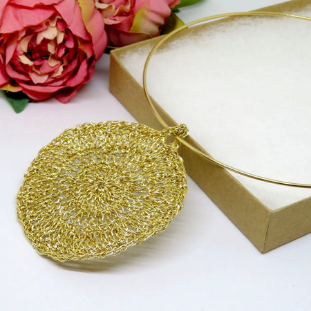 Bespoke Handmade Gold Shimmer Crochet Pendant Round Choker Necklace
