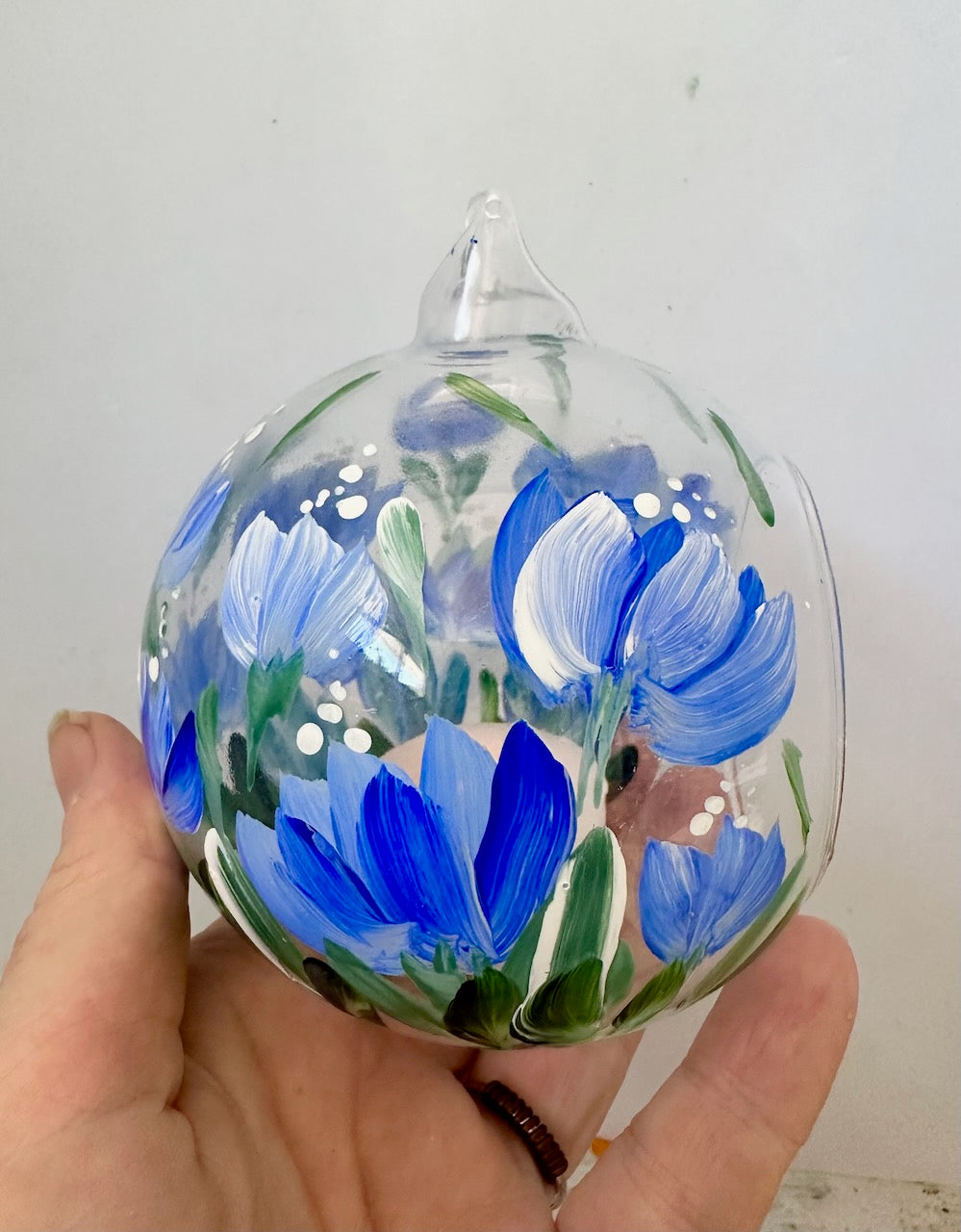 Glass Hanging Candle Holder Hand Painted With Blue Blooms