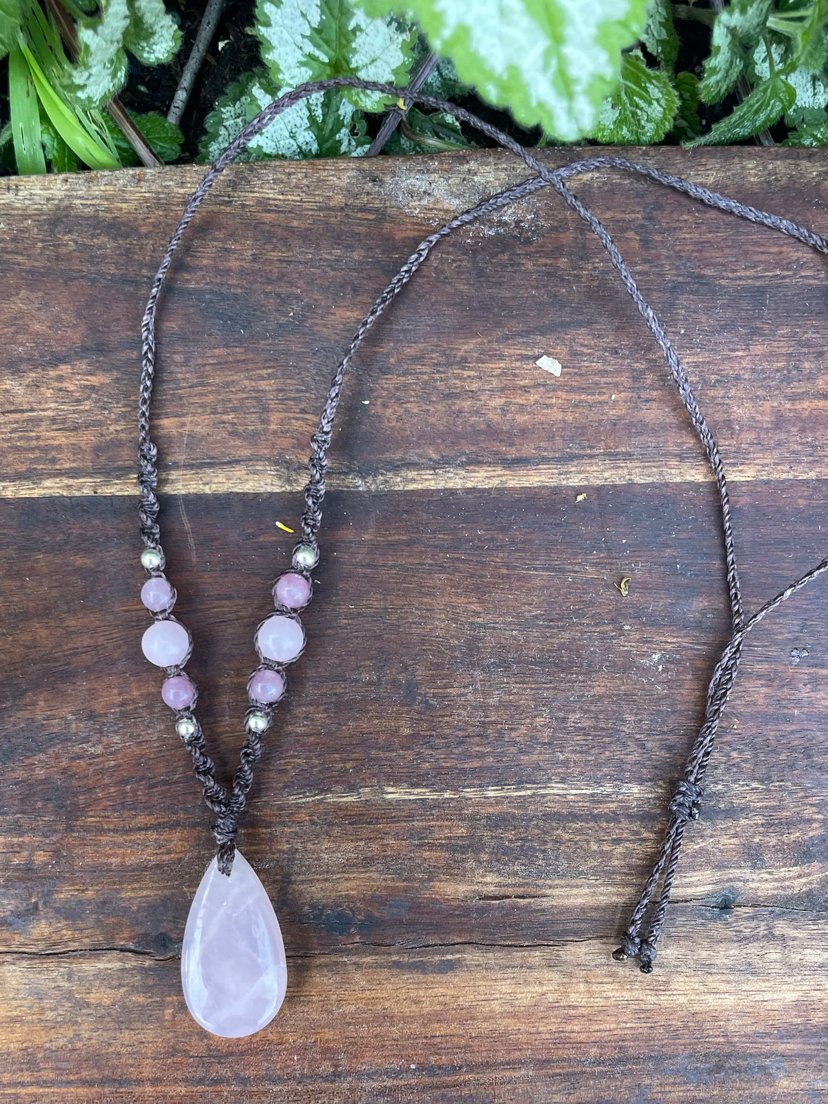 Rose Quartz Pendant, Necklace, adjustable boho macrame