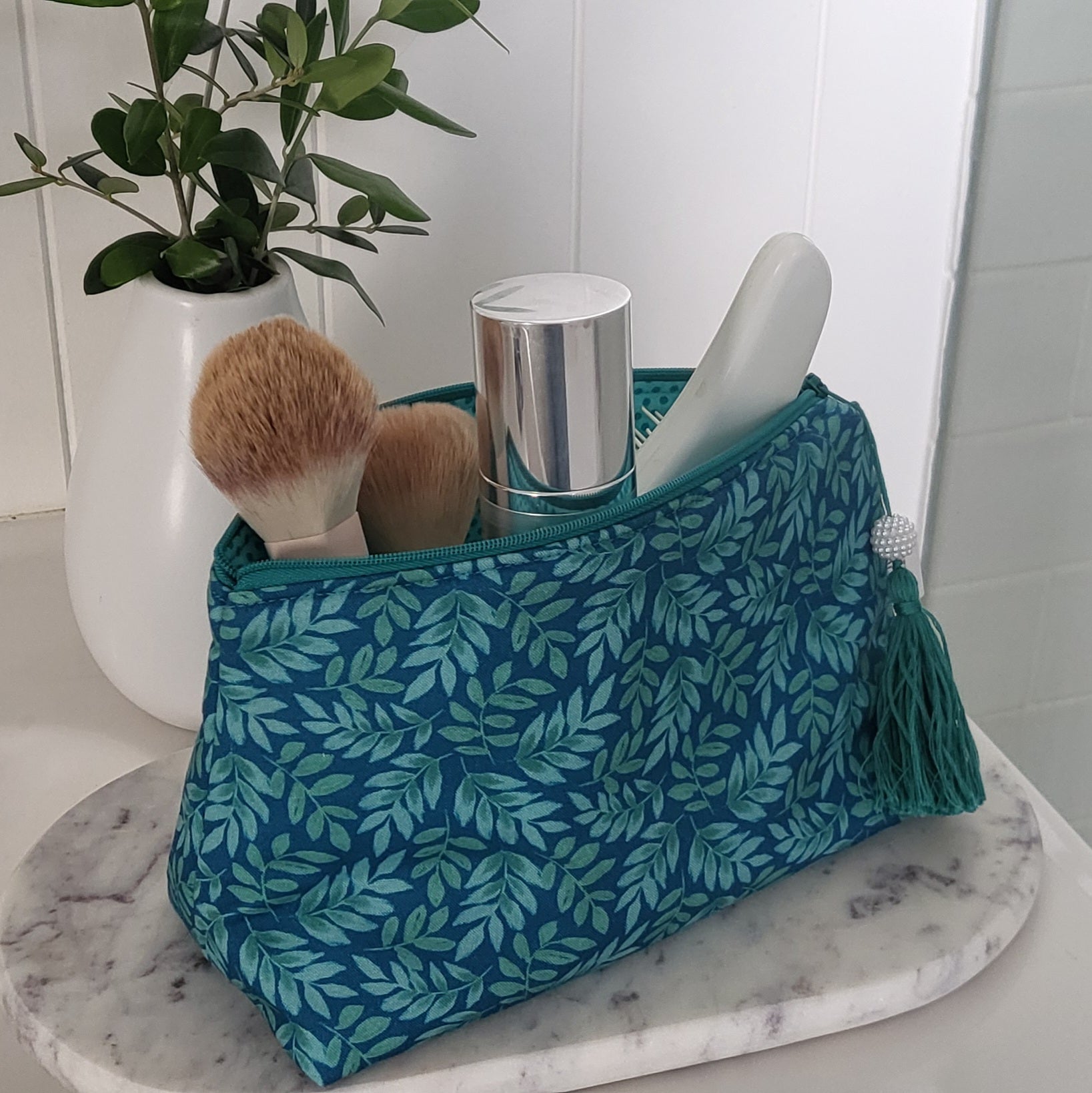 Cotton Makeup Pouch in Teal Botanical Leaf - Mother's Day Gift | Travel Pouch| Still.