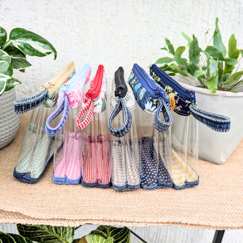 Travel Pouch Clear Organiser upcycled Denim Yellow Roses and Gingham