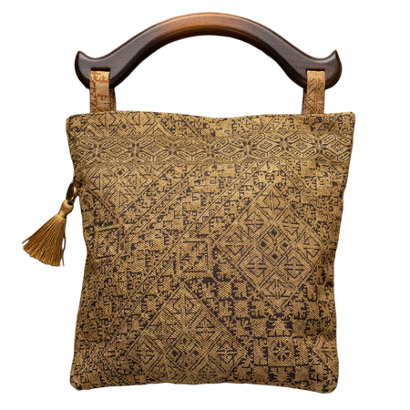 Handmade Gold Brown Wooden Handle Bag • Upcycled Purse