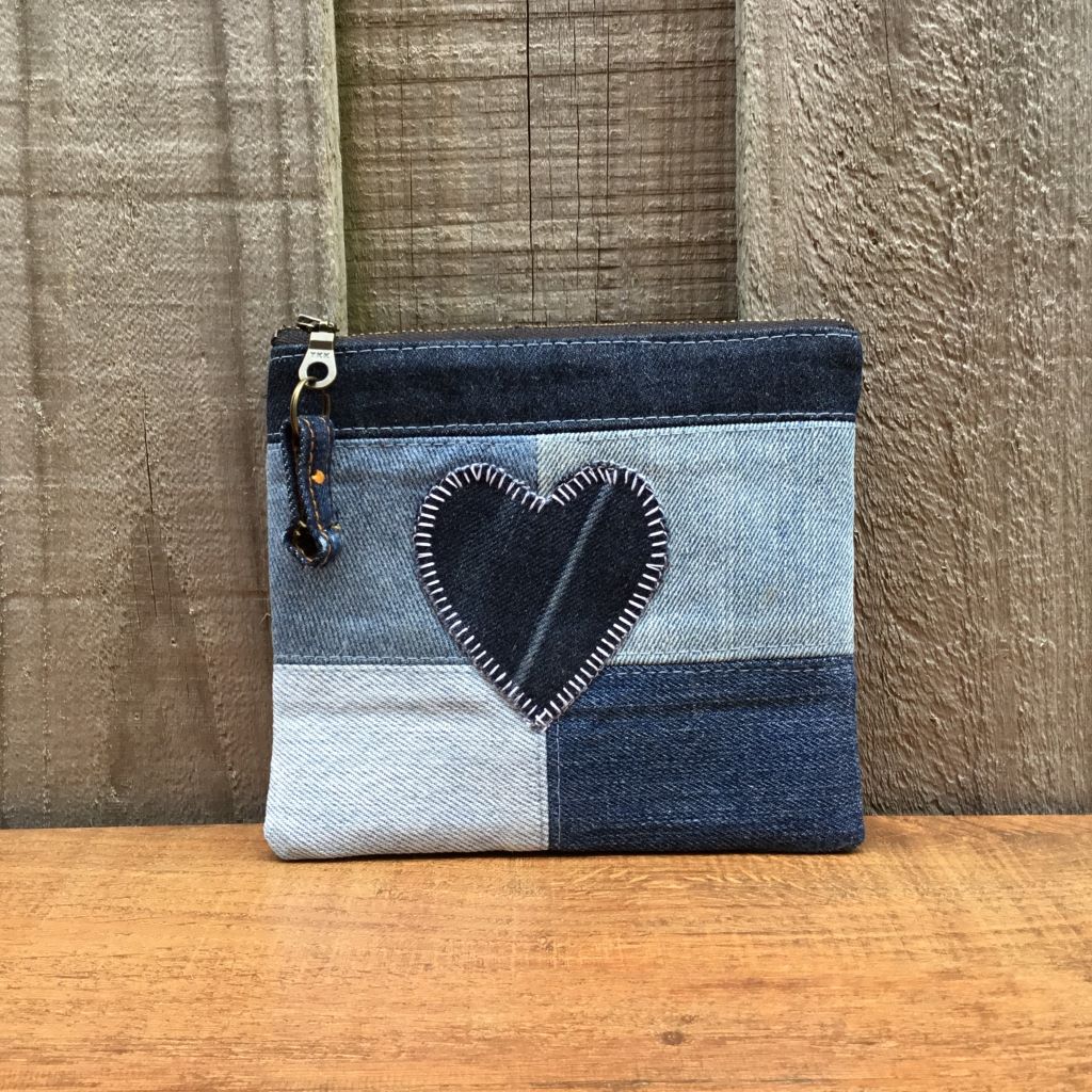 Upcycled Denim Coin Purse – Blue Denim Heart #2