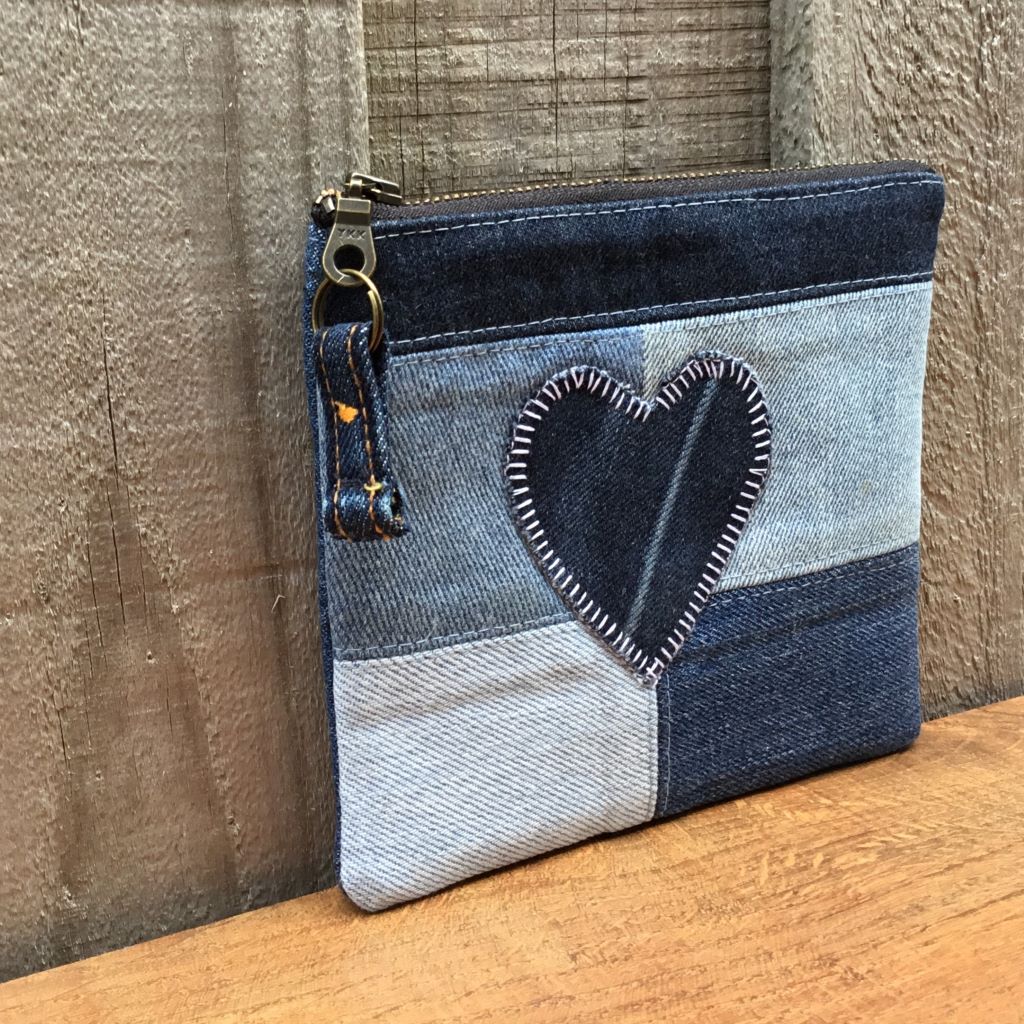 Upcycled Denim Coin Purse – Blue Denim Heart #2