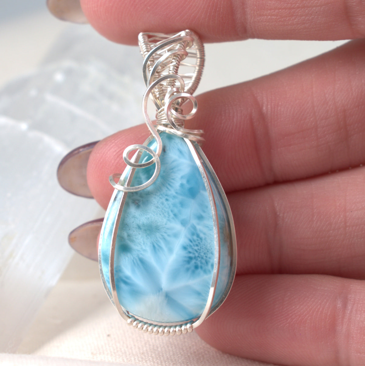 Caribbean Lace - Wire-Wrapped Larimar Pendant