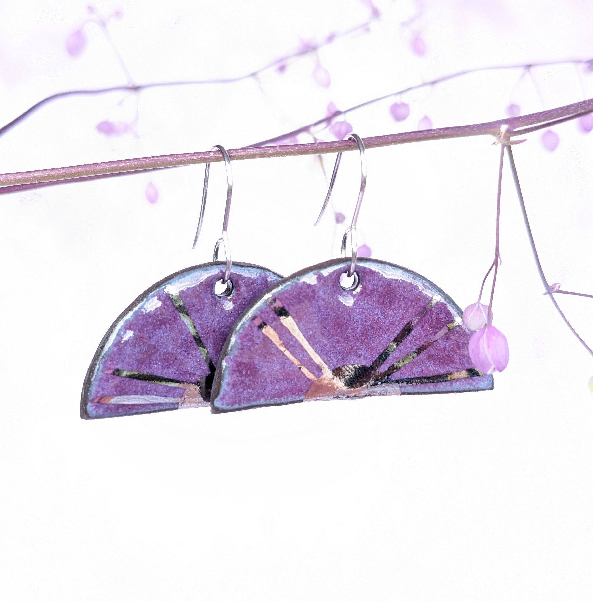 Purple Sun Ceramic Earrings. Lightweight, dangle earrings.