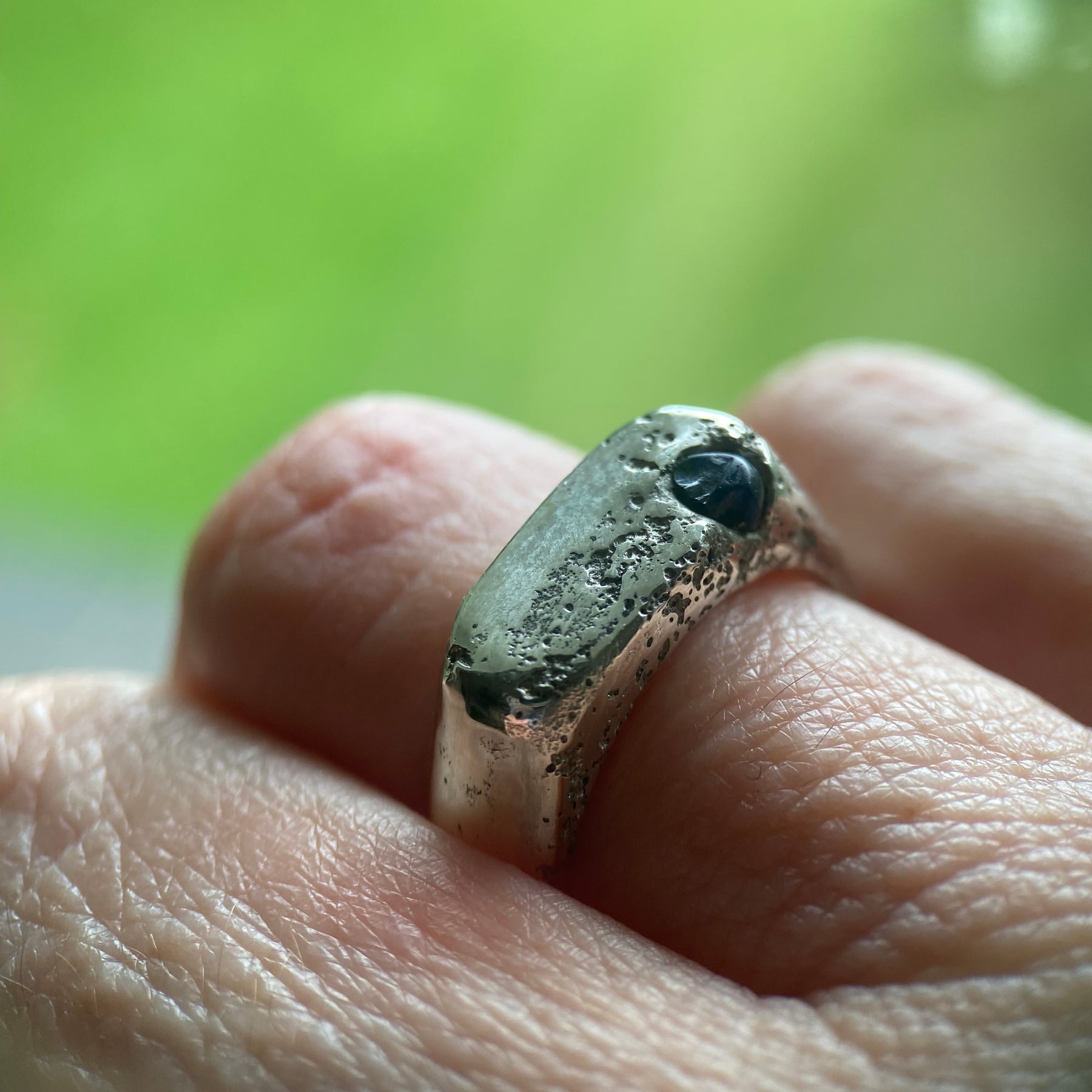 Raw Sapphire Rockpool Signet Ring, Size P, Sterling Silver