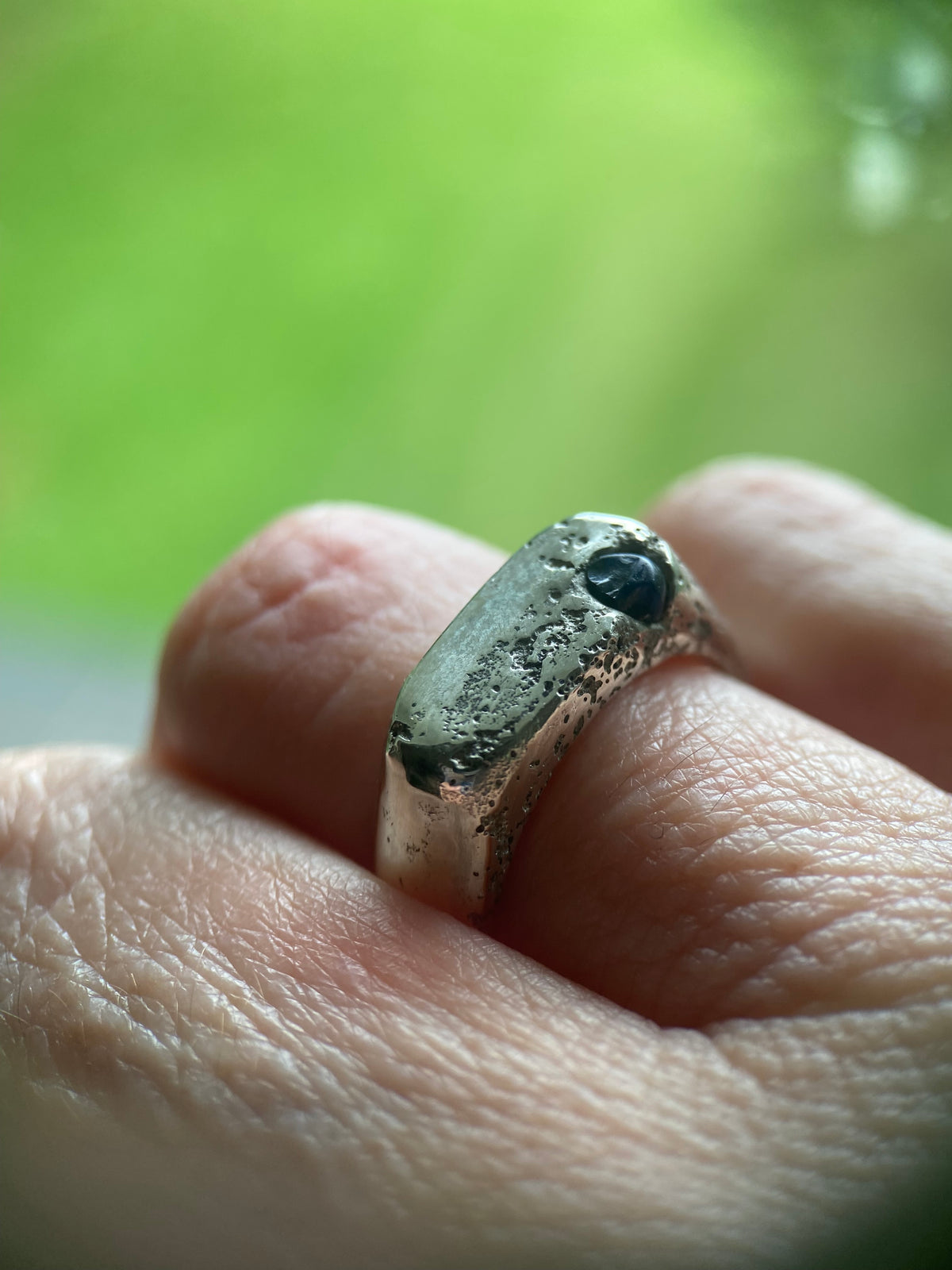 Raw Sapphire Rockpool Signet Ring, Size P, Sterling Silver