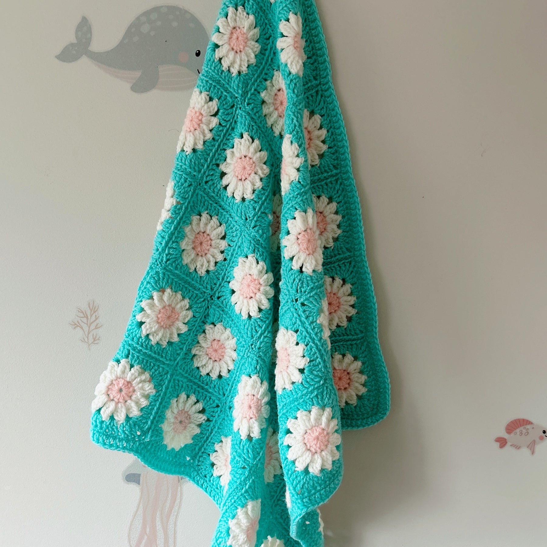 Handmade Crochet Daisy Baby Blanket – Turquoise, Pink & White Floral Granny Square Blanket