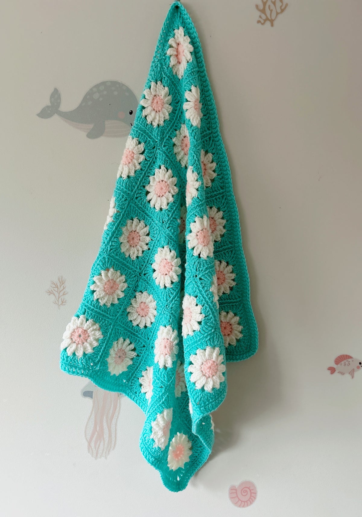 Handmade Crochet Daisy Baby Blanket – Turquoise, Pink & White Floral Granny Square Blanket