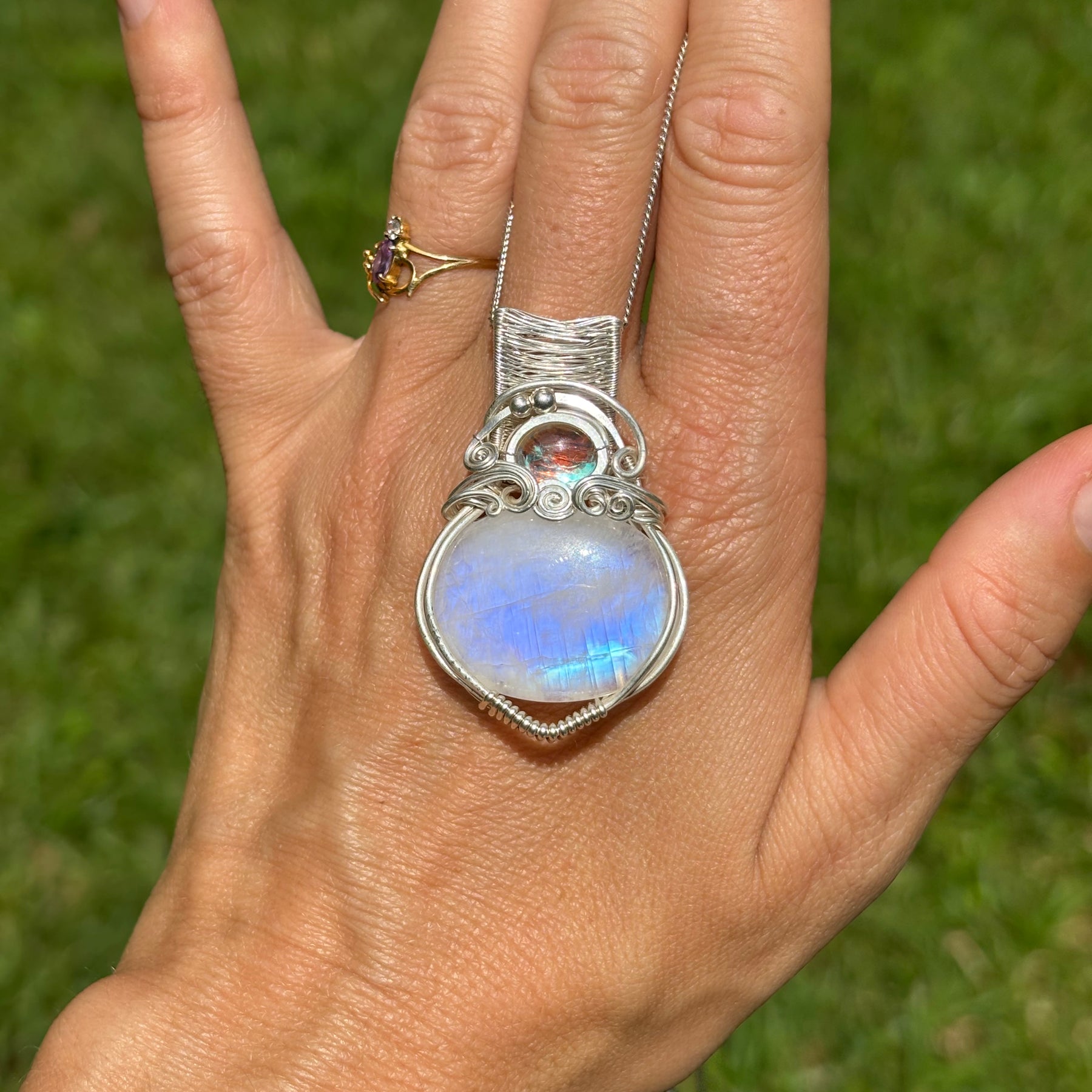 Moonstone Aura Quartz silver crystal pendant