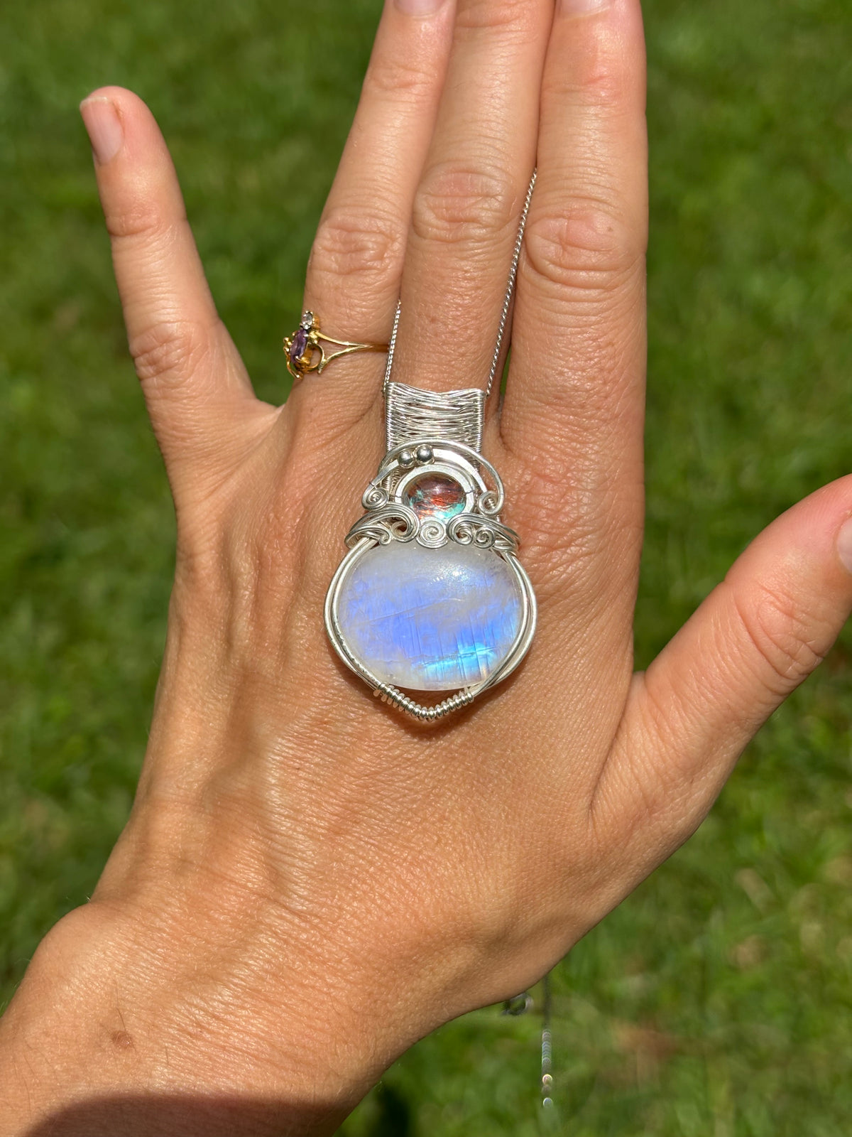 Moonstone Aura Quartz silver crystal pendant