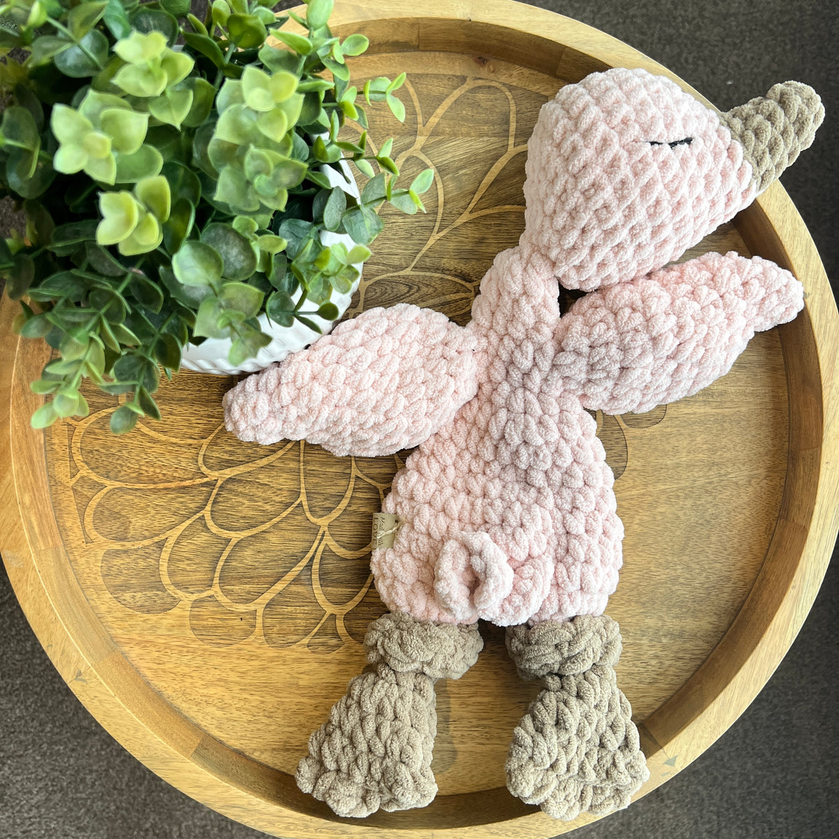 Handmade modern pink crochet goose lovey snuggler baby safe.