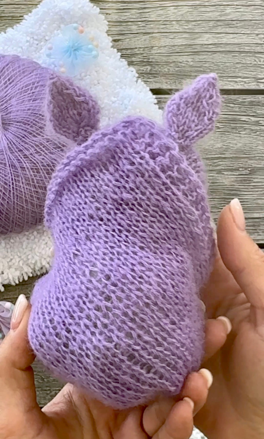 Handmade Grey and White Knitted Sleeping Kitty Toy in The Purple Bunny Hat and Blanket