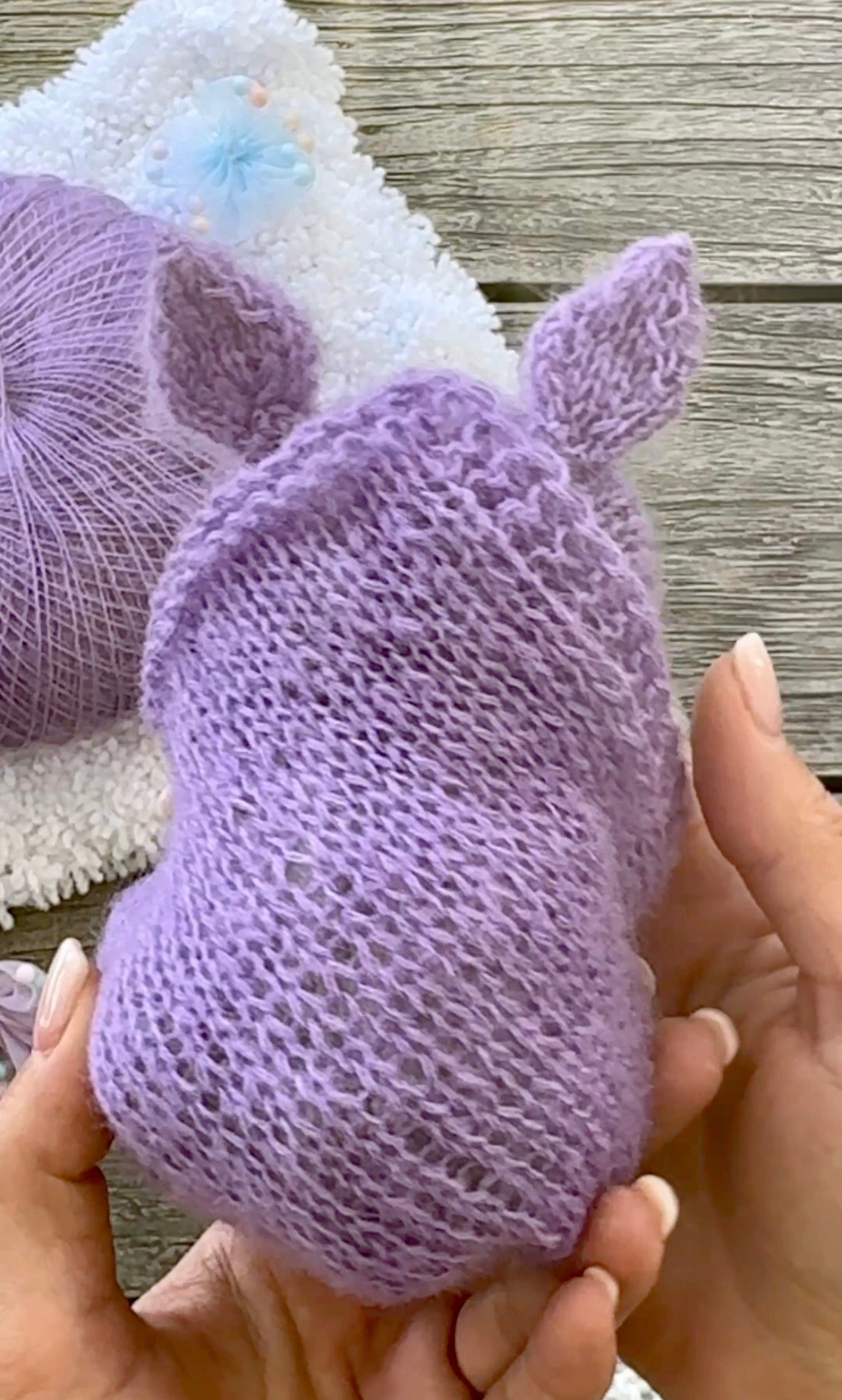 Handmade Grey and White Knitted Sleeping Kitty Toy in The Purple Bunny Hat and Blanket
