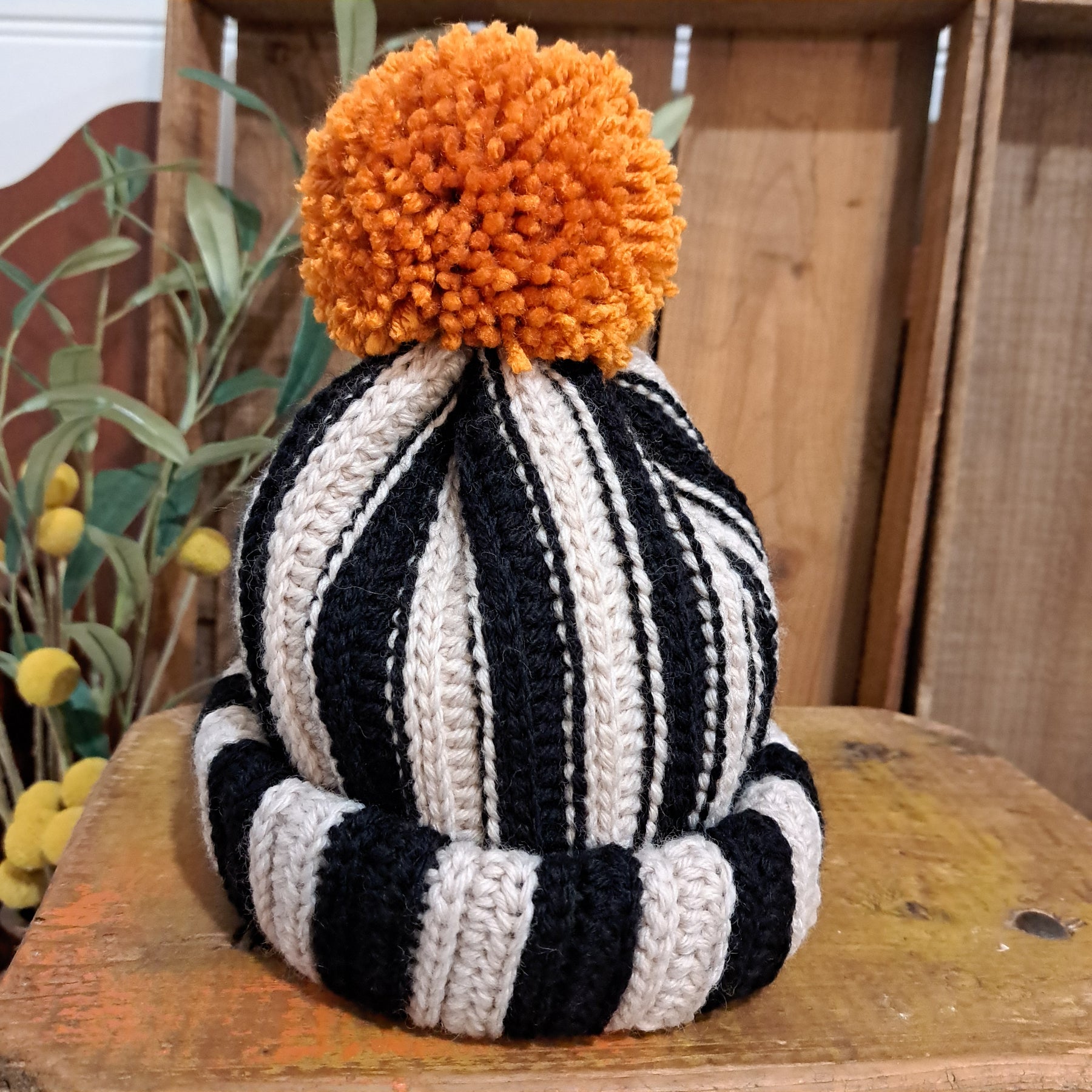 Crochet beanie/ black natural stripe beanie/ orange pompom