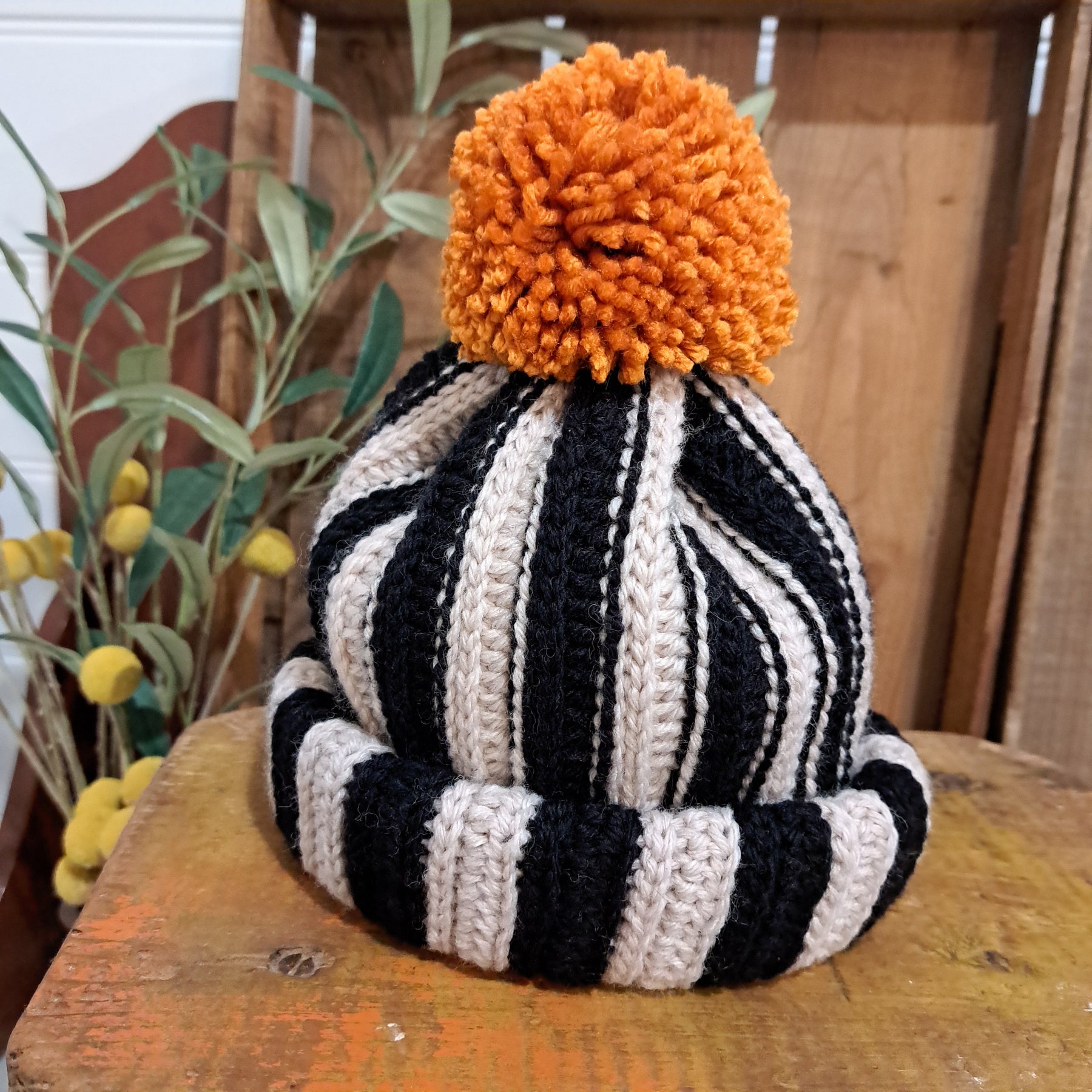 Crochet beanie/ black natural stripe beanie/ orange pompom