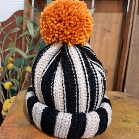 Crochet beanie/ black and beige stripe/ orange pompom
