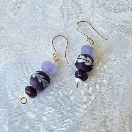 Purple And White Lampwork Handmade Drop Earrings