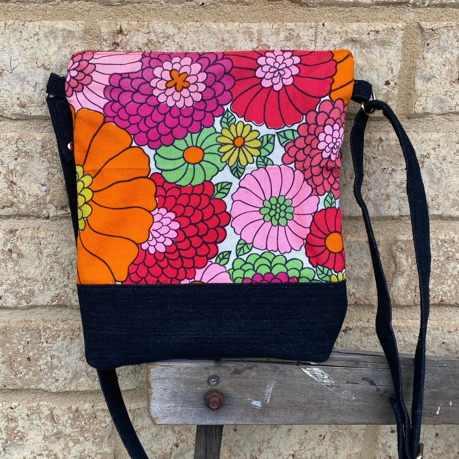 Flower Power Handmade Crossbody Bag Upcycled Vintage Fabrics & Denim