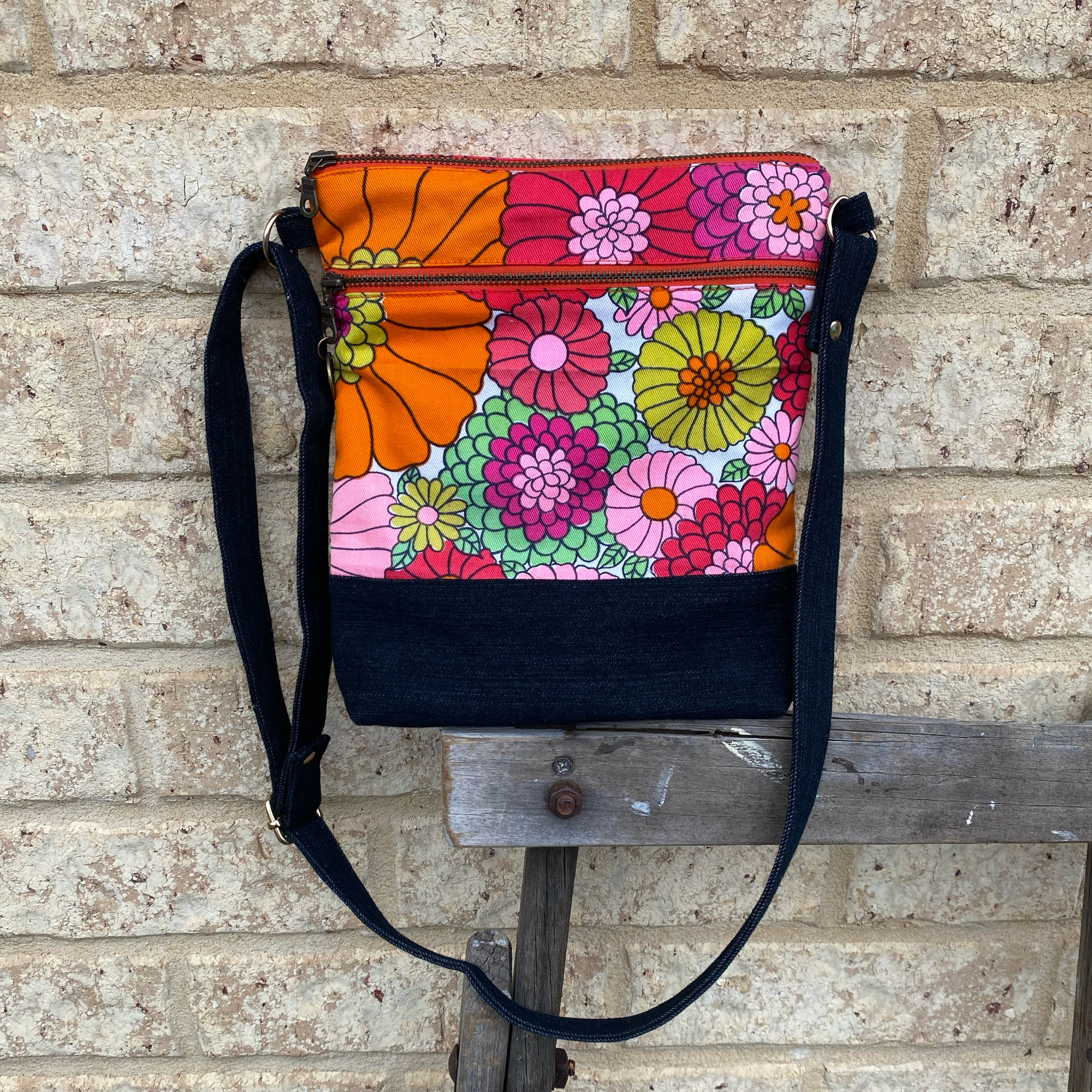Flower Power Handmade Crossbody Bag Upcycled Vintage Fabrics & Denim