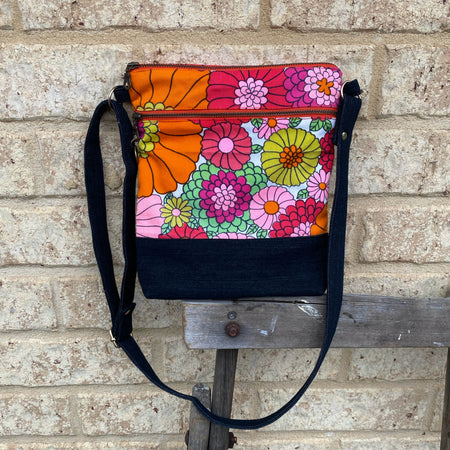 Flower Power Handmade Crossbody Bag Upcycled Vintage Fabrics & Denim