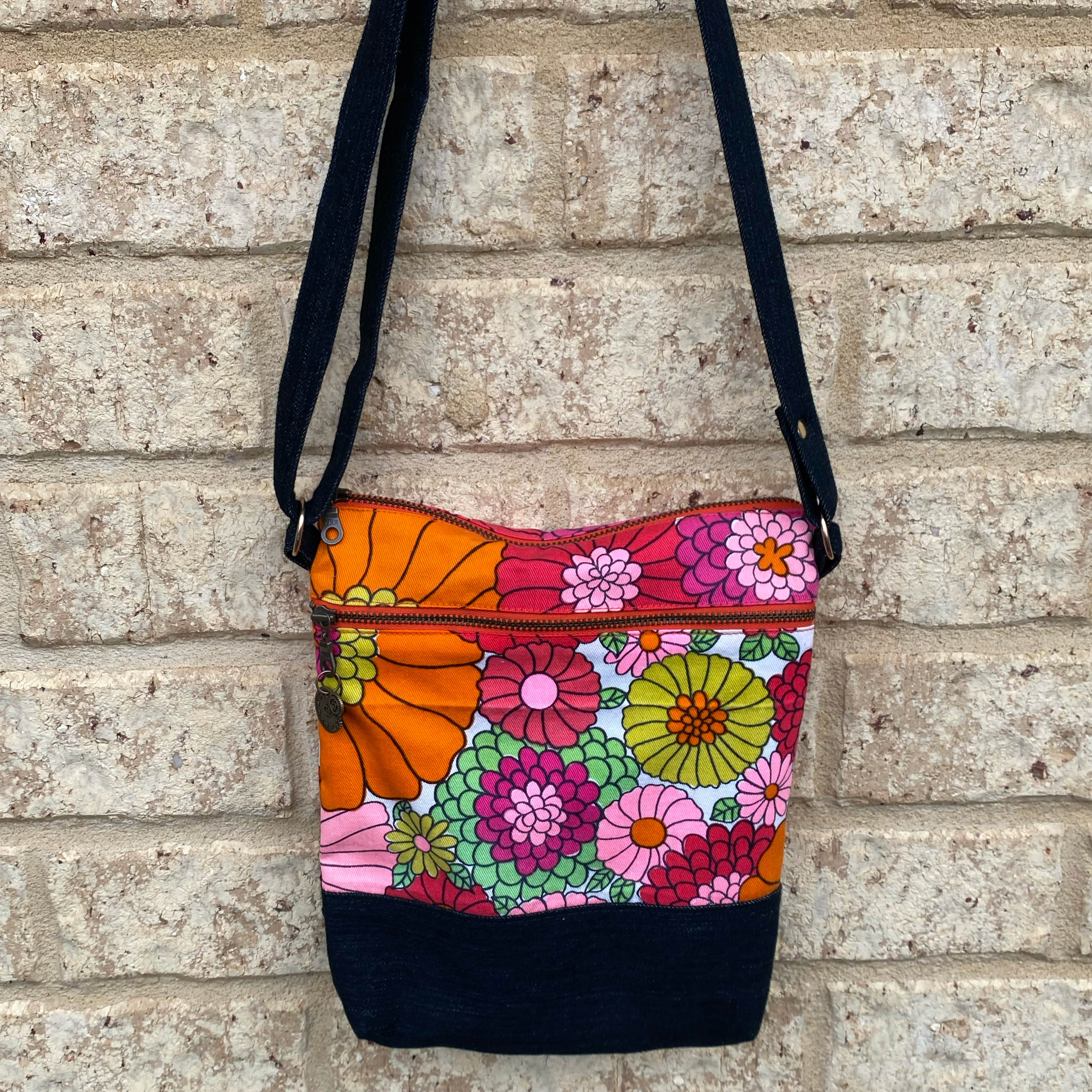 Flower Power Handmade Crossbody Bag Upcycled Vintage Fabrics & Denim