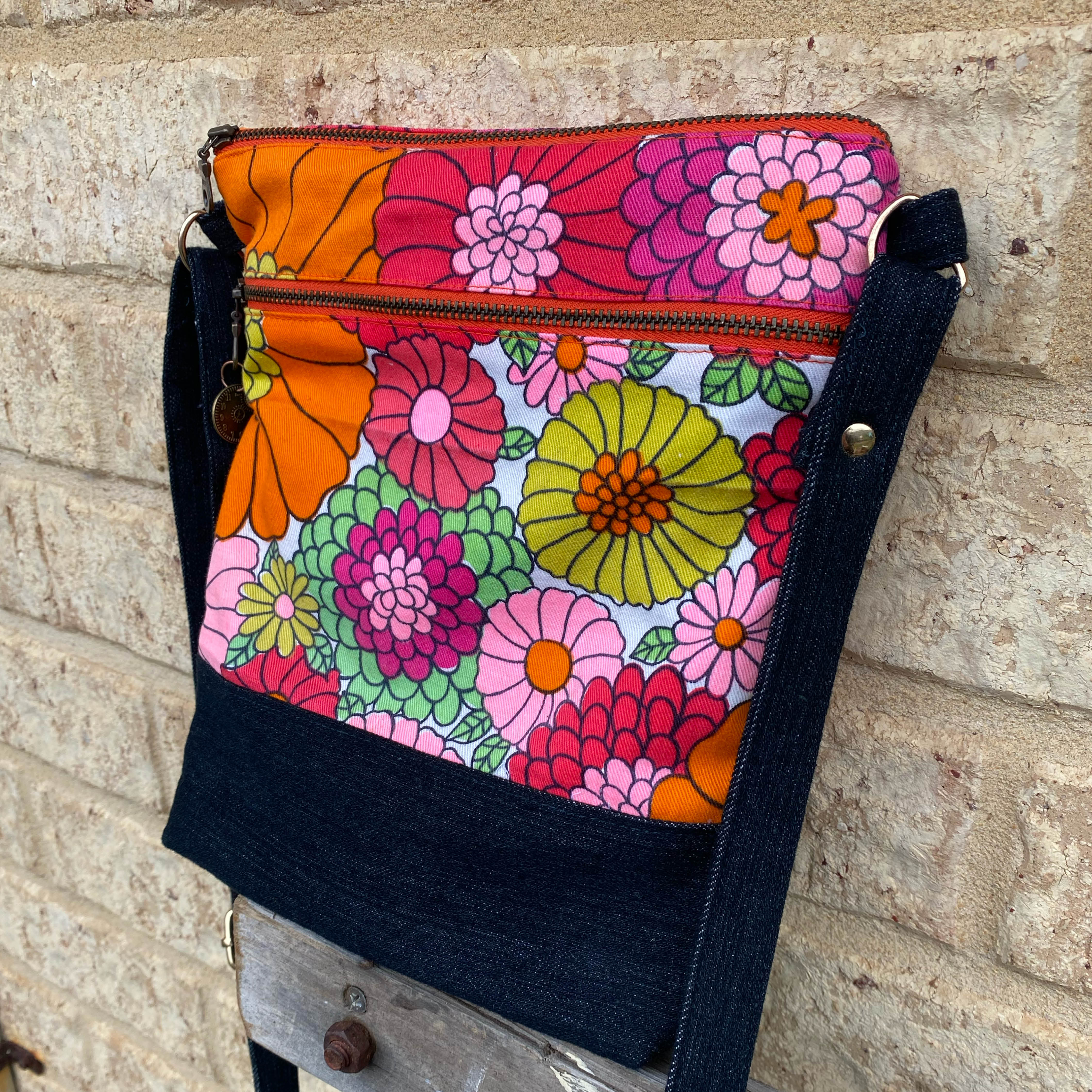 Flower Power Handmade Crossbody Bag Upcycled Vintage Fabrics & Denim