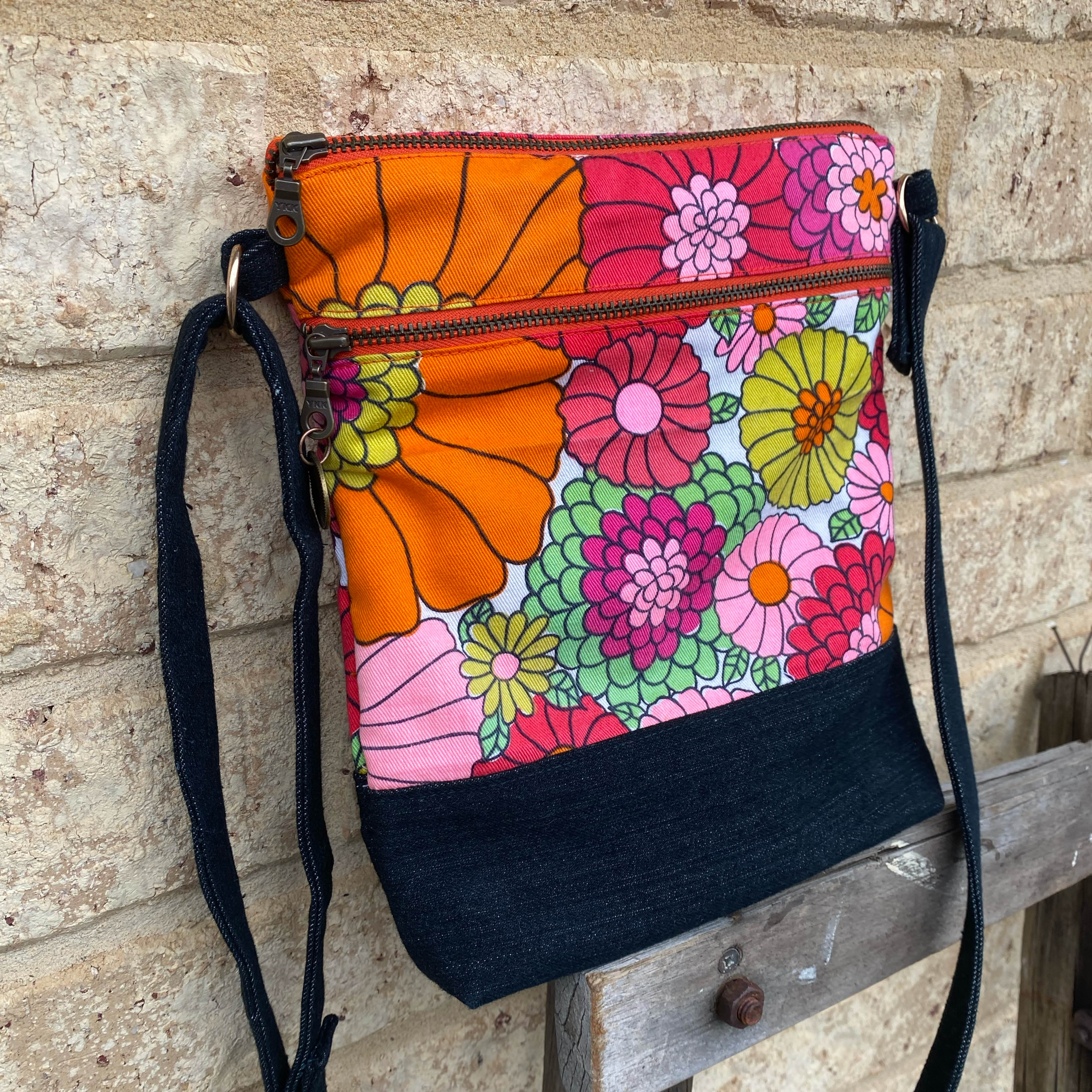 Flower Power Handmade Crossbody Bag Upcycled Vintage Fabrics & Denim