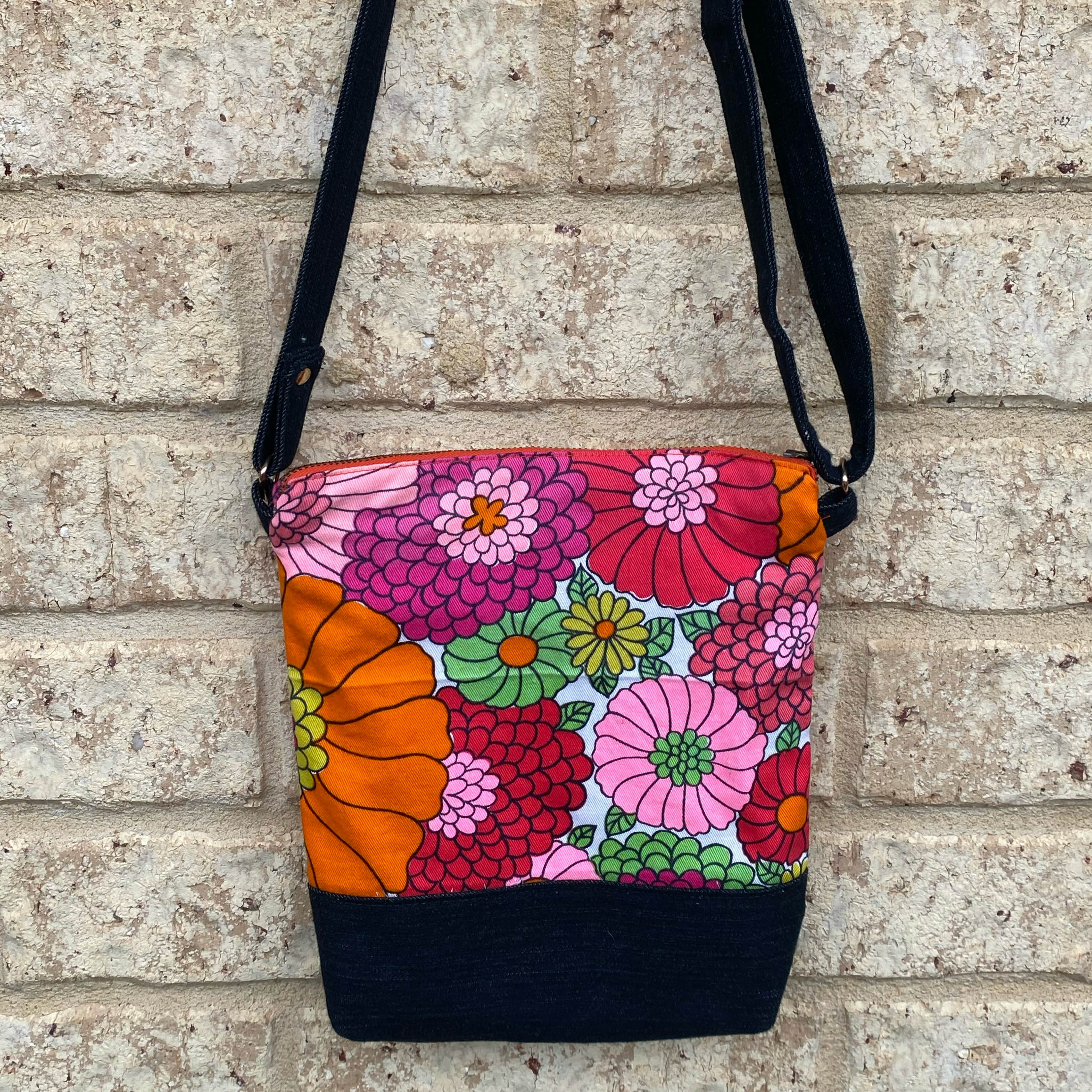 Flower Power Handmade Crossbody Bag Upcycled Vintage Fabrics & Denim