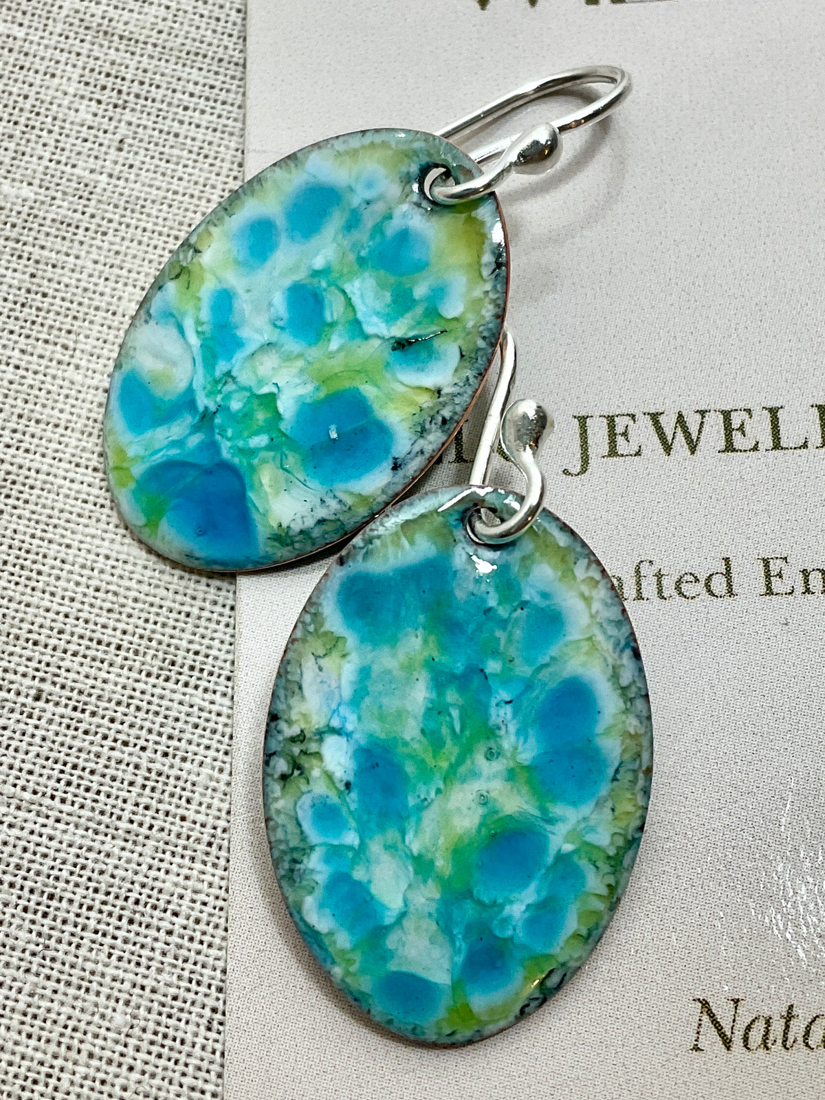 Blue and green enamel earrings. Handmade